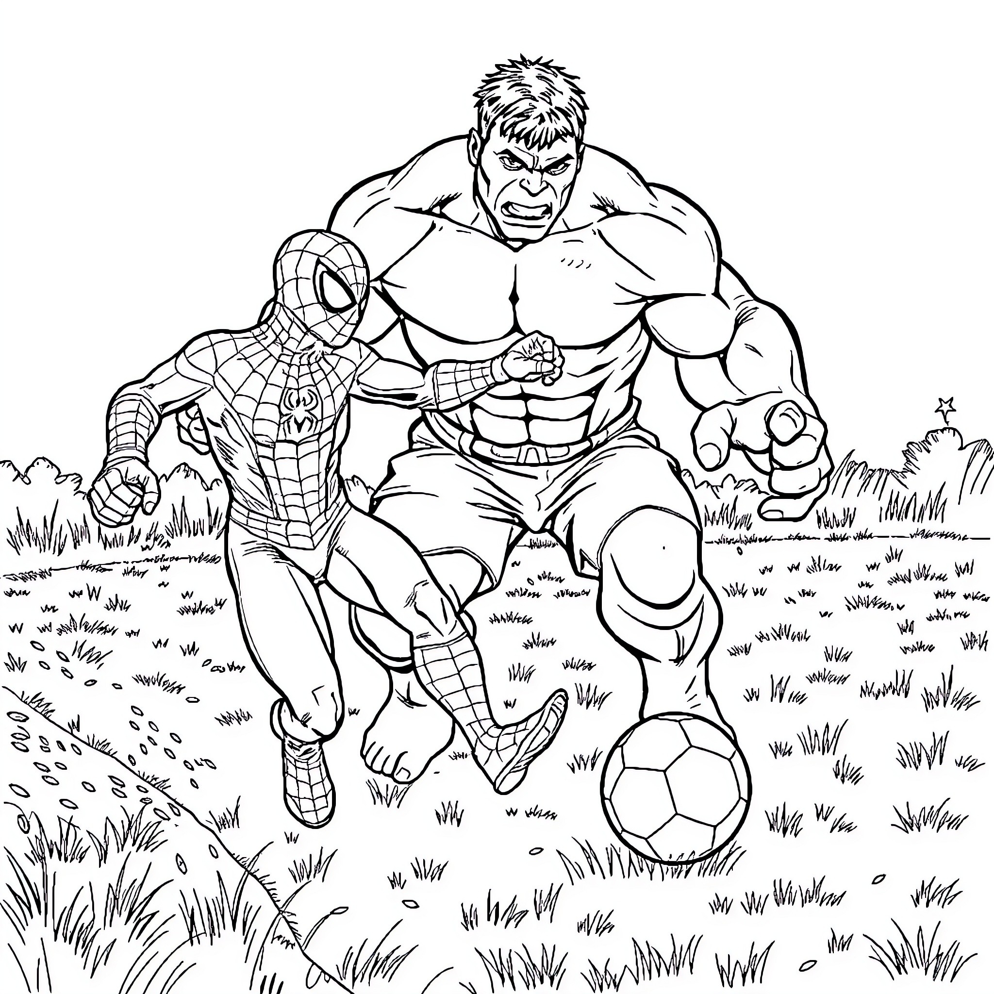 Hulk and Spider-Man face off in a field Coloring Page (free black-and-white line drawing printable PDF for all, from beginners to advanced learners, including children, teens, adults, and seniors)