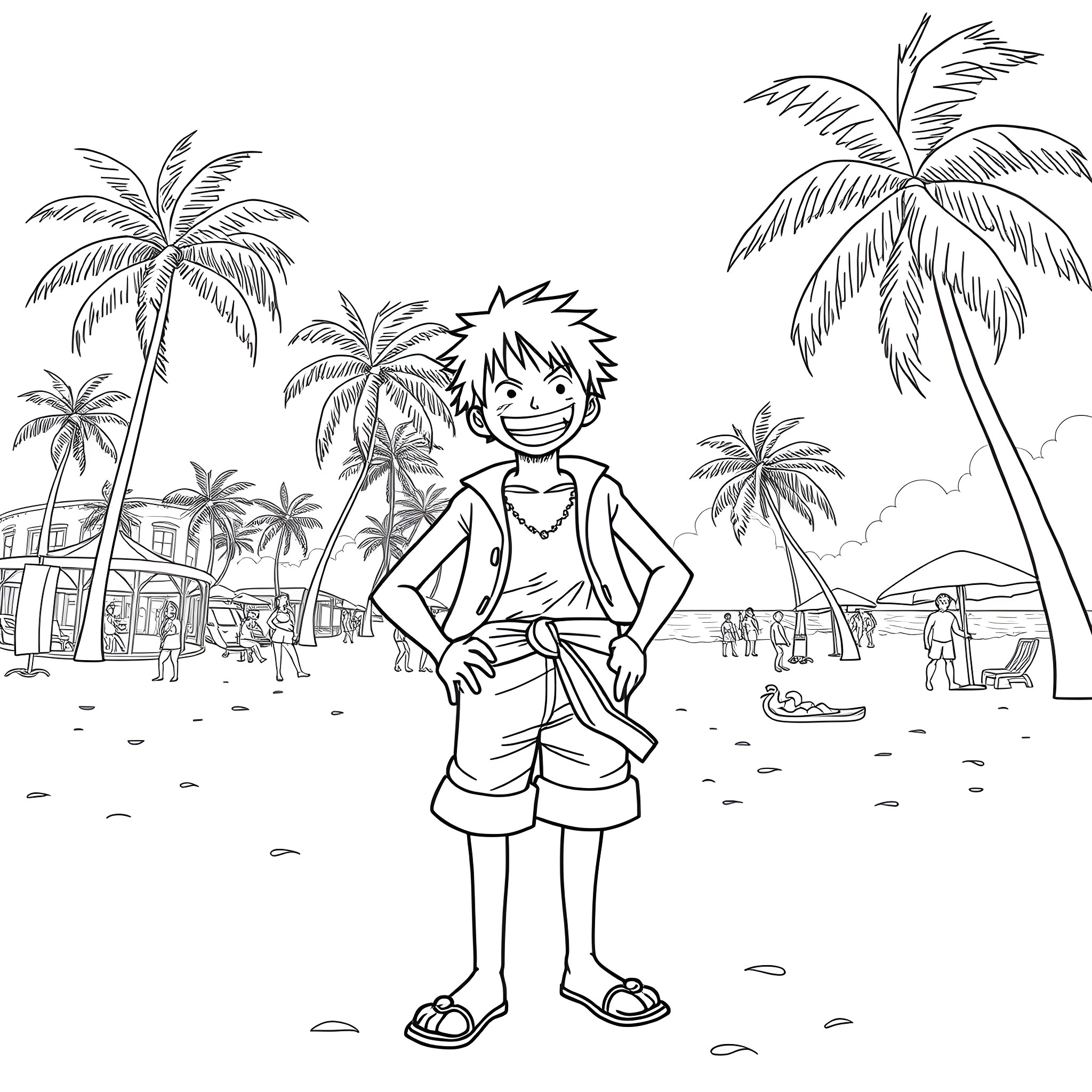 Luffy enjoying the tropical beach Coloring Page (free black-and-white line drawing printable PDF for all, from beginners to advanced learners, including children, teens, adults, and seniors)