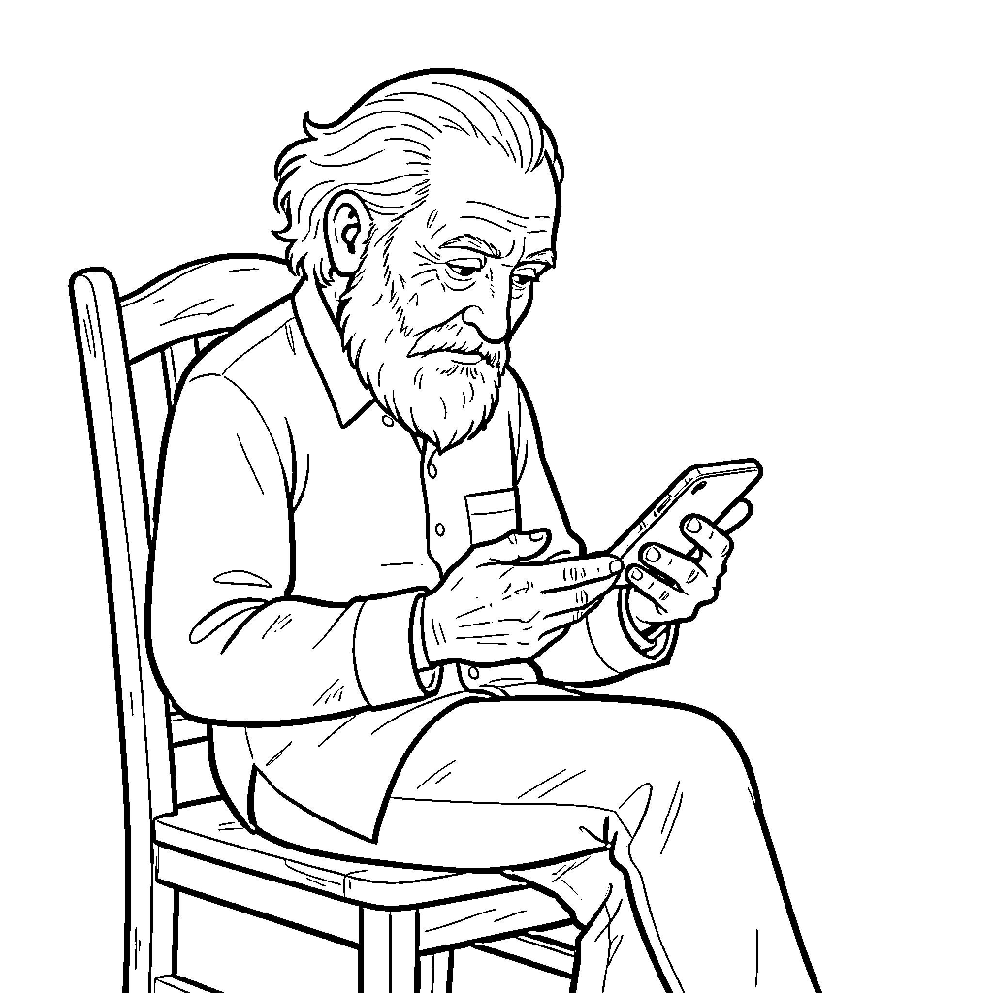 Vieillard sitting on a chair using a smartphone Coloring Page (free black-and-white line drawing printable PDF for all, from beginners to advanced learners, including children, teens, adults, and seniors)