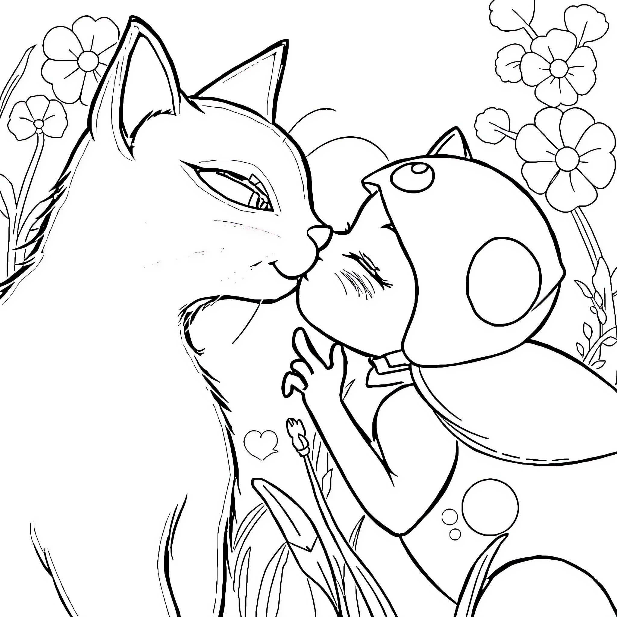 Ladybug and Kitty's Floral Adventure Coloring Page (free black-and-white line drawing printable PDF for all, from beginners to advanced learners, including children, teens, adults, and seniors)