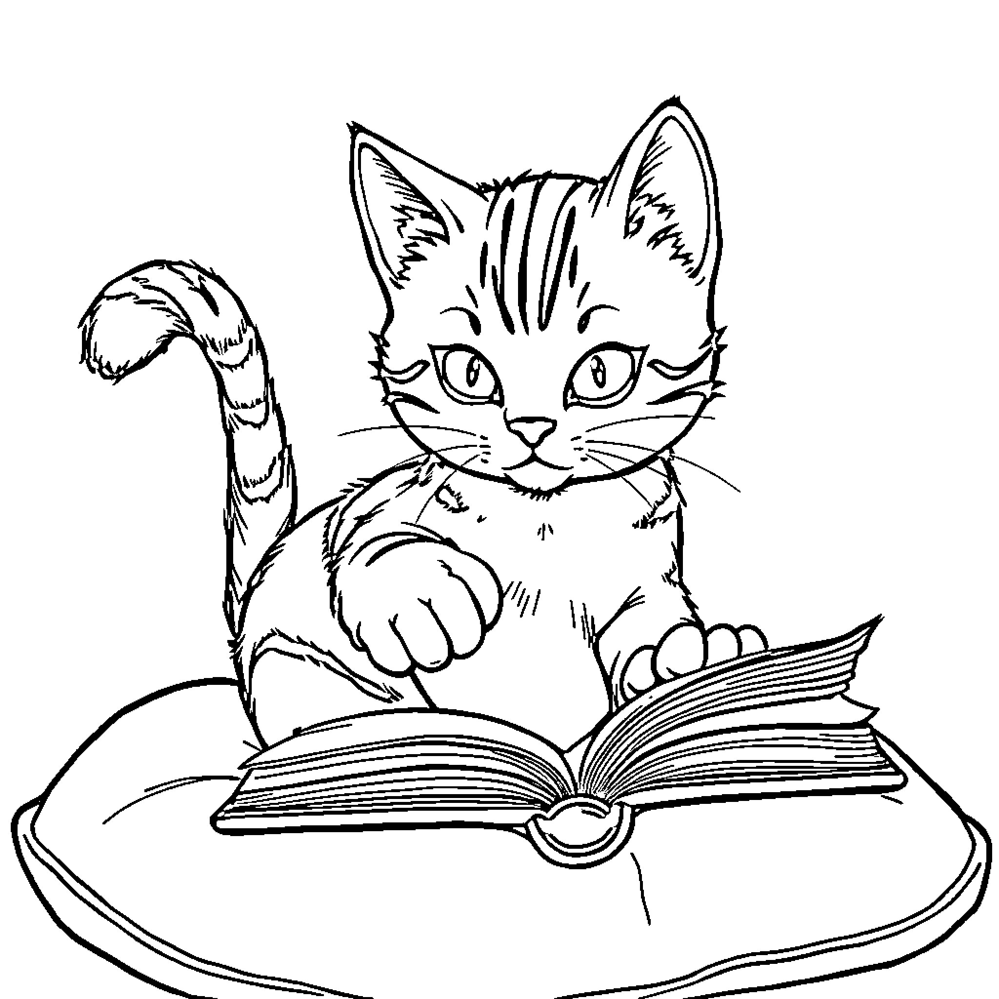 Cat reading a book intently Coloring Page (free black-and-white line drawing printable PDF for all, from beginners to advanced learners, including children, teens, adults, and seniors)