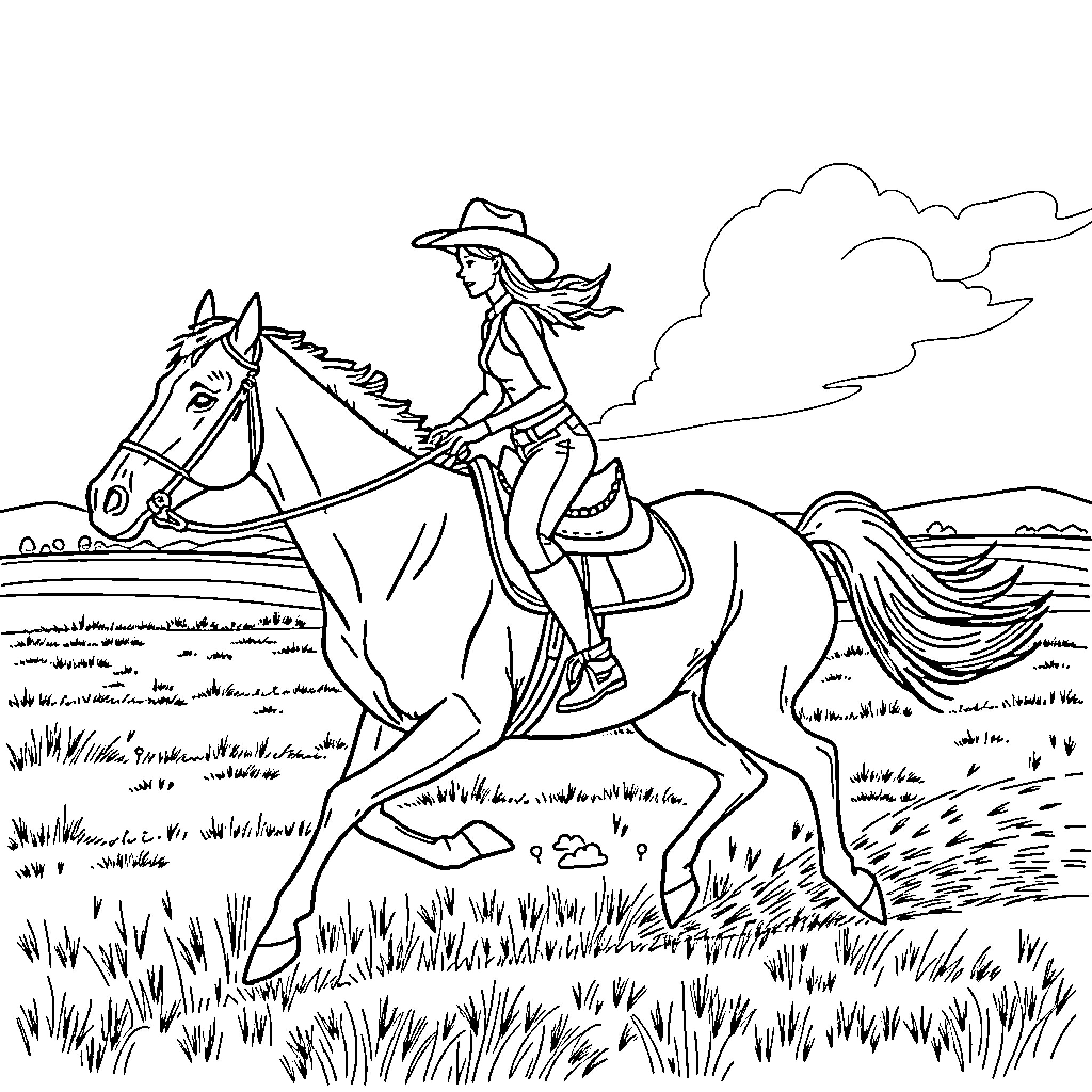 Cowgirl riding horse across grassy plains Coloring Page (free black-and-white line drawing printable PDF for all, from beginners to advanced learners, including children, teens, adults, and seniors)