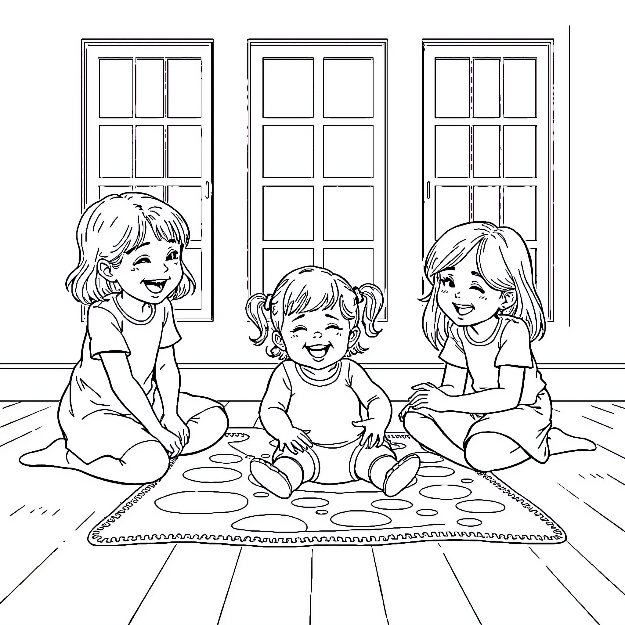 Girls Playing and Laughing Together in the Room Coloring Page (free black-and-white line drawing printable PDF for all, from beginners to advanced learners, including children, teens, adults, and seniors)