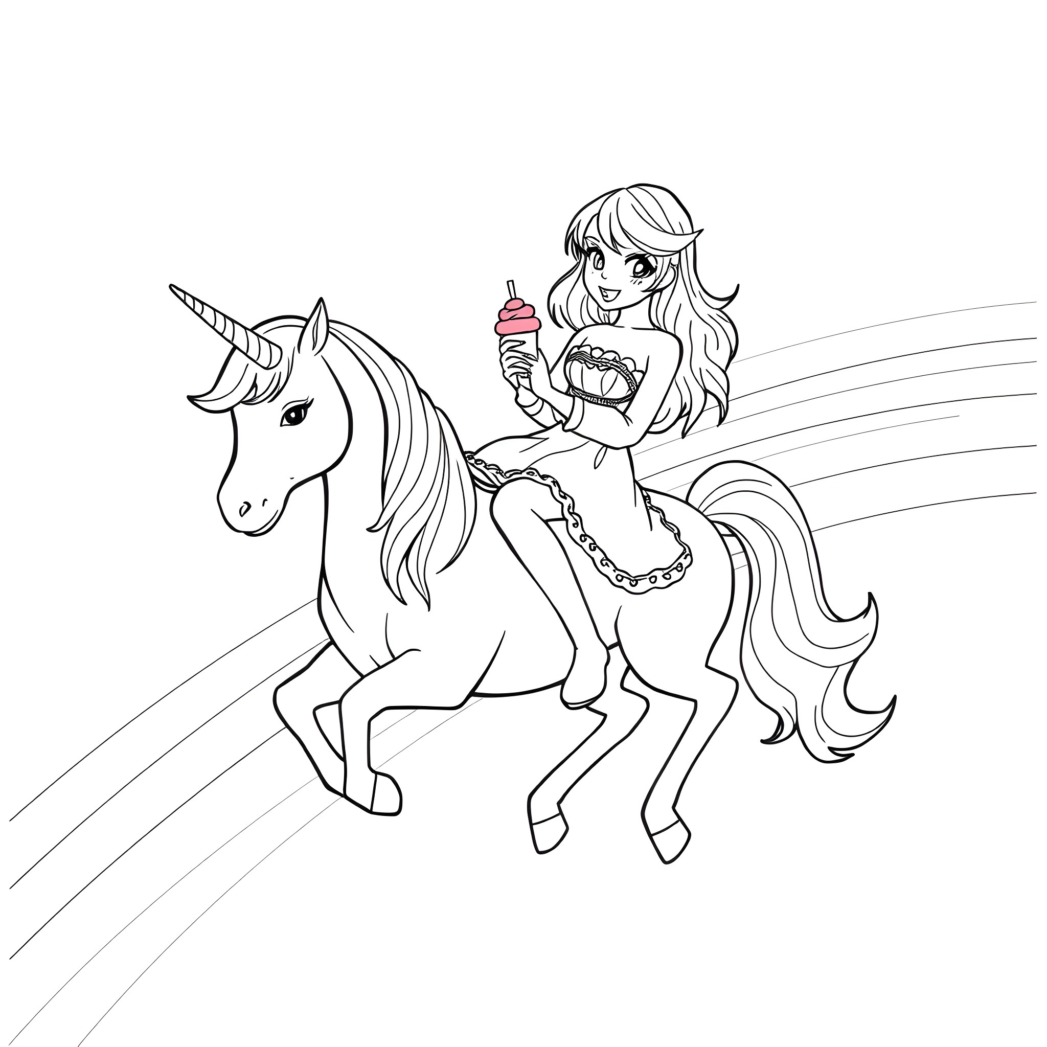 Taylor Swift riding a magical unicorn Coloring Page (free black-and-white line drawing printable PDF for all, from beginners to advanced learners, including children, teens, adults, and seniors)