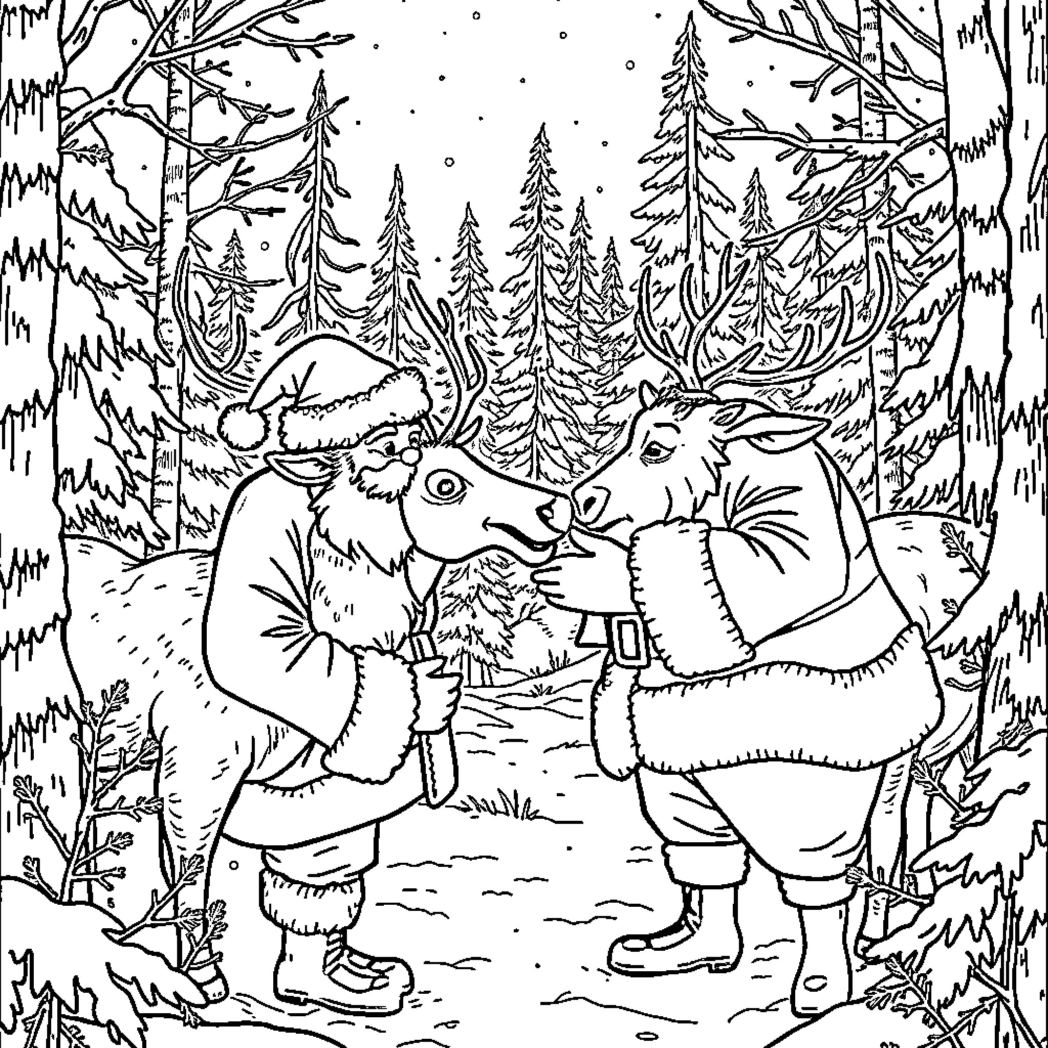 Santa Claus embracing reindeer in snowy forest landscape Coloring Page (free black-and-white line drawing printable PDF for all, from beginners to advanced learners, including children, teens, adults, and seniors)