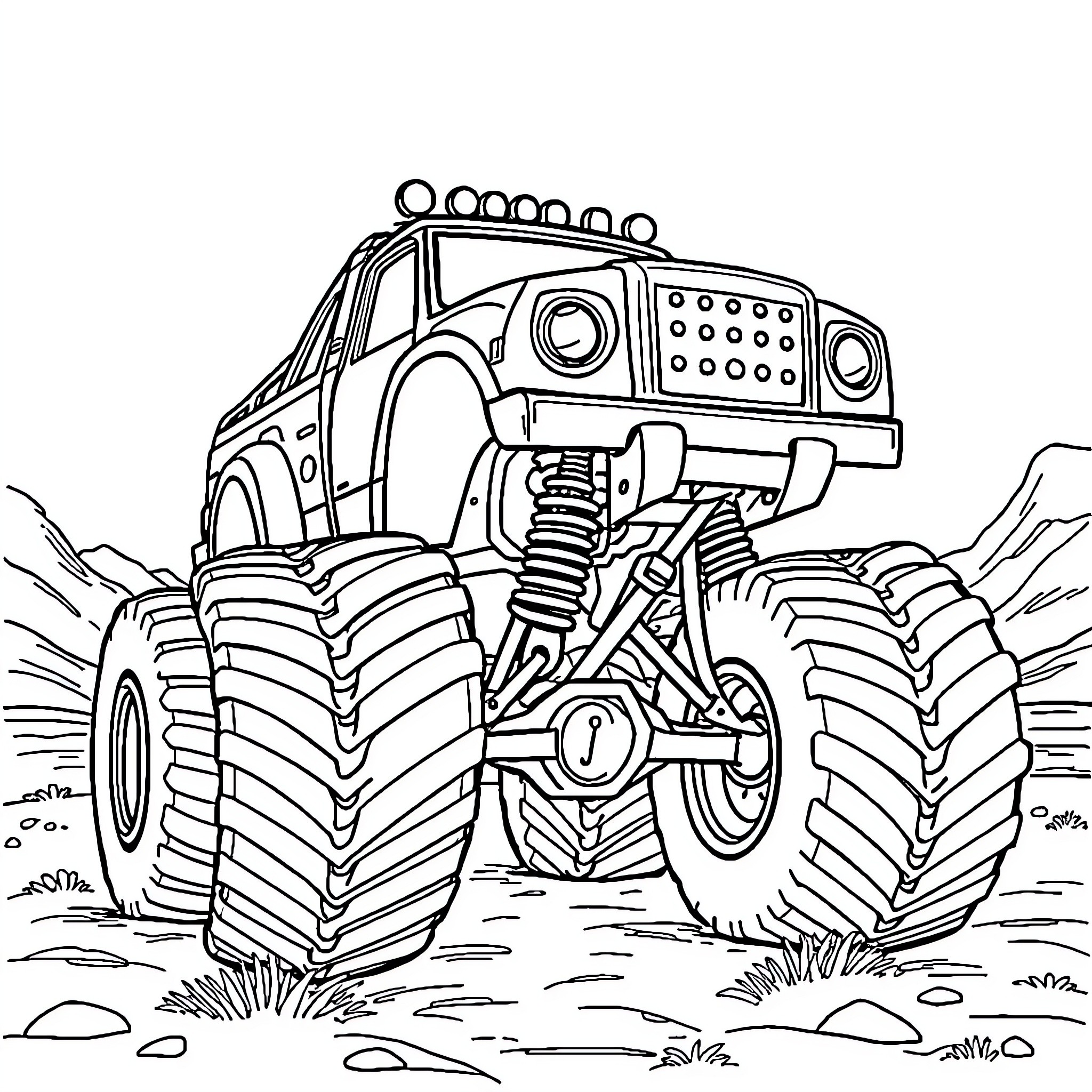 Monster Truck Crushing Rocks and Mud Coloring Page (free black-and-white line drawing printable PDF for all, from beginners to advanced learners, including children, teens, adults, and seniors)