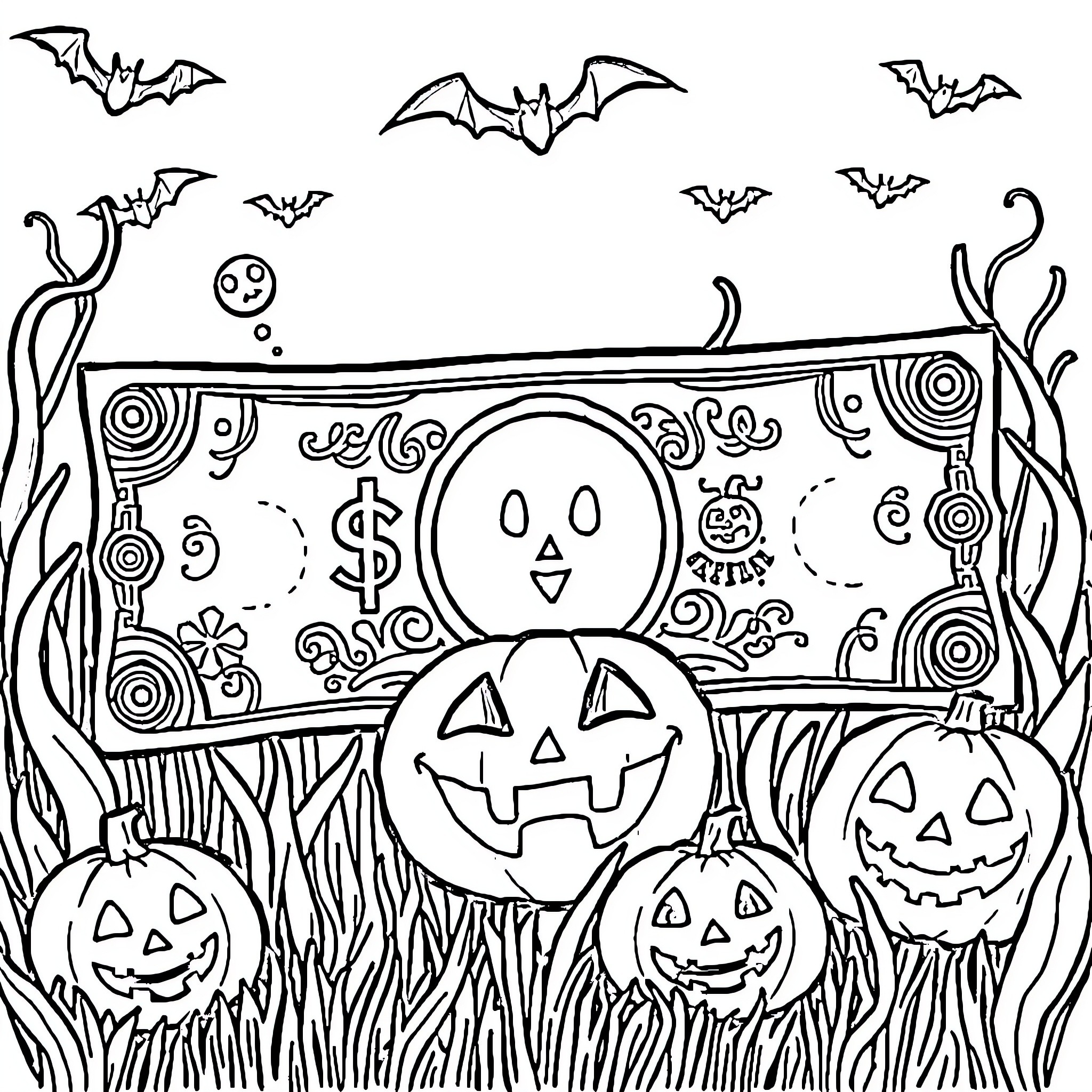 Halloween Jack-o'-lanterns and ghosts in the grass Coloring Page (free black-and-white line drawing printable PDF for all, from beginners to advanced learners, including children, teens, adults, and seniors)
