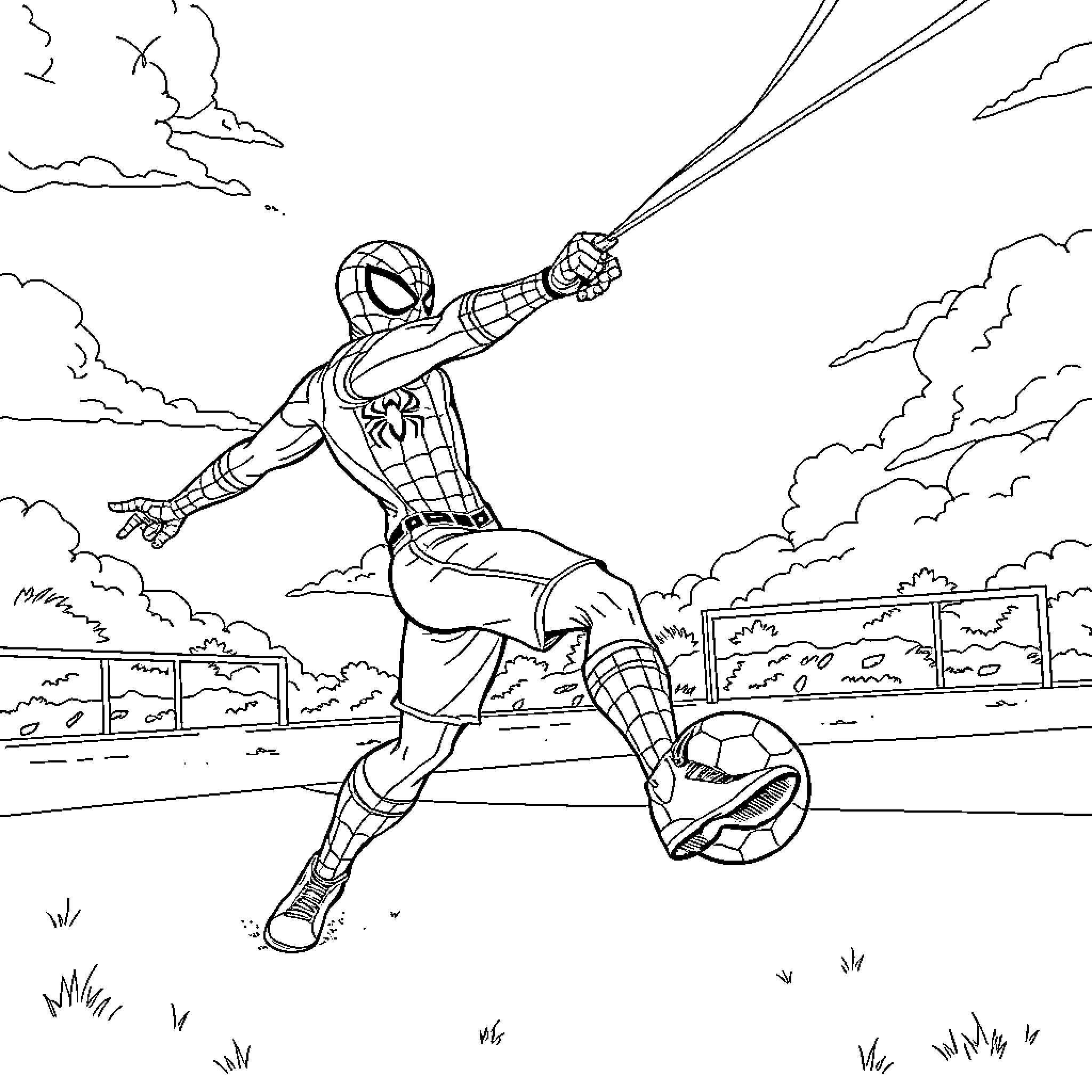 Spiderman swinging into action in the city Coloring Page (free black-and-white line drawing printable PDF for all, from beginners to advanced learners, including children, teens, adults, and seniors)