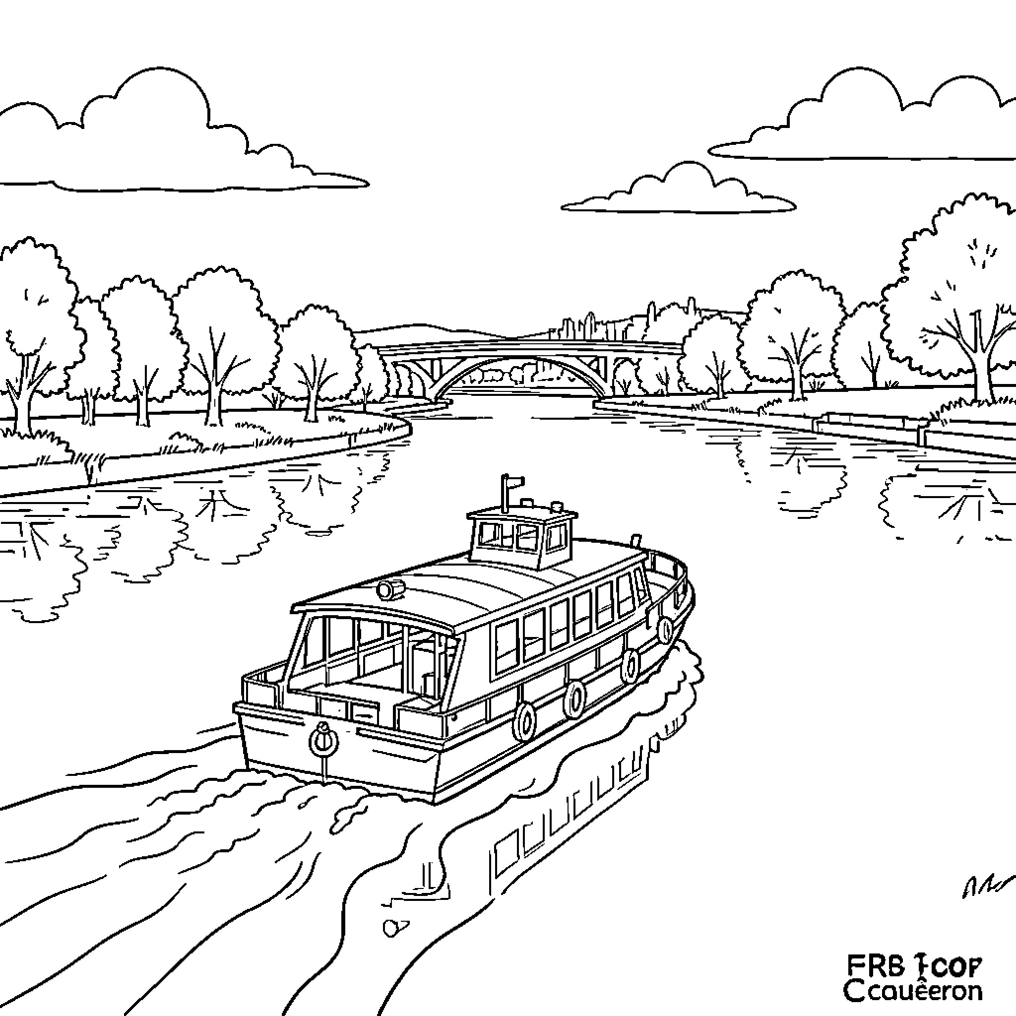 Bac de Couëron with boat sailing on river Coloring Page (free black-and-white line drawing printable PDF for all, from beginners to advanced learners, including children, teens, adults, and seniors)