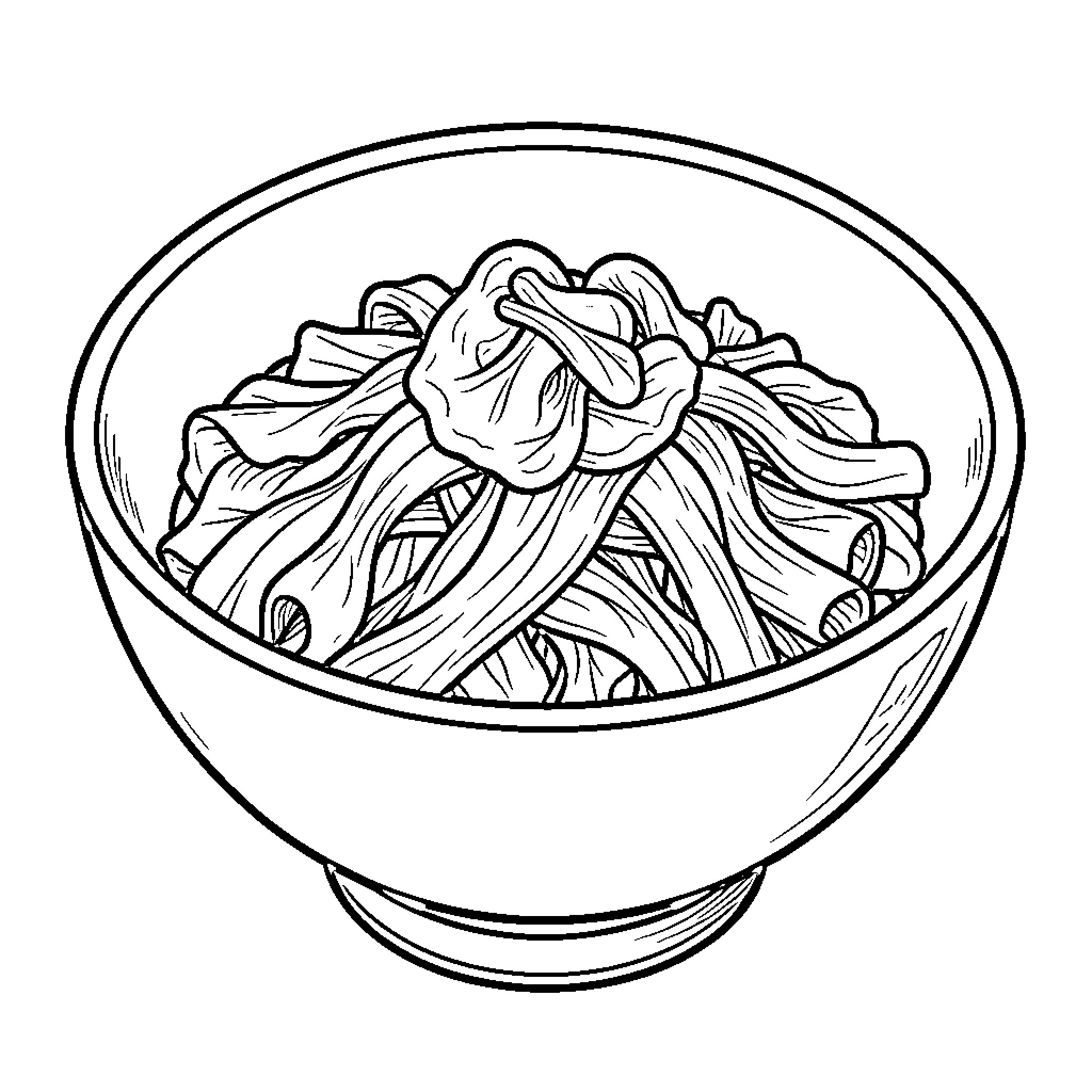 Japanese Word for Delicious Noodles in Bowl Coloring Page (free black-and-white line drawing printable PDF for all, from beginners to advanced learners, including children, teens, adults, and seniors)