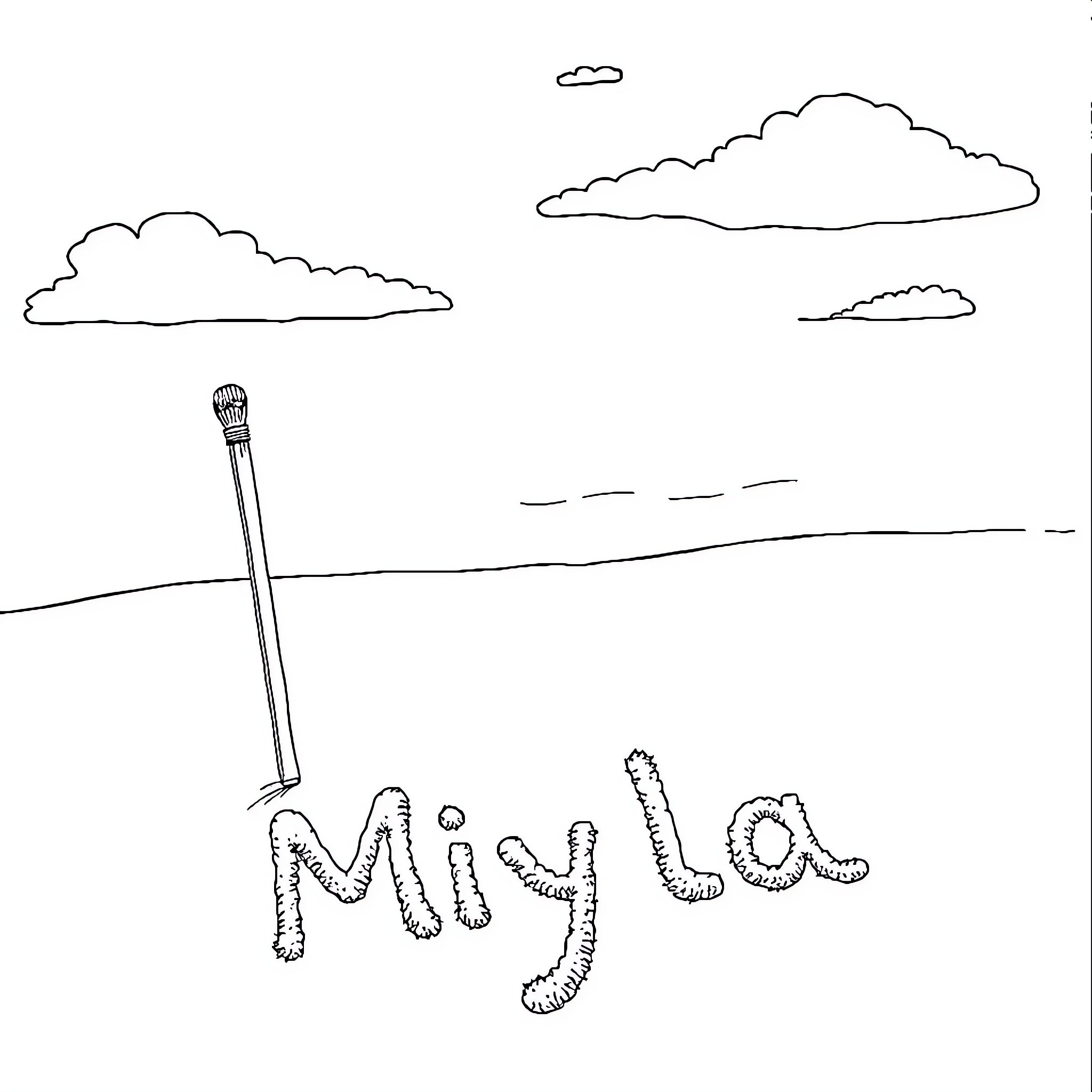 Stick figure creating a name in the grass Coloring Page (free black-and-white line drawing printable PDF for all, from beginners to advanced learners, including children, teens, adults, and seniors)