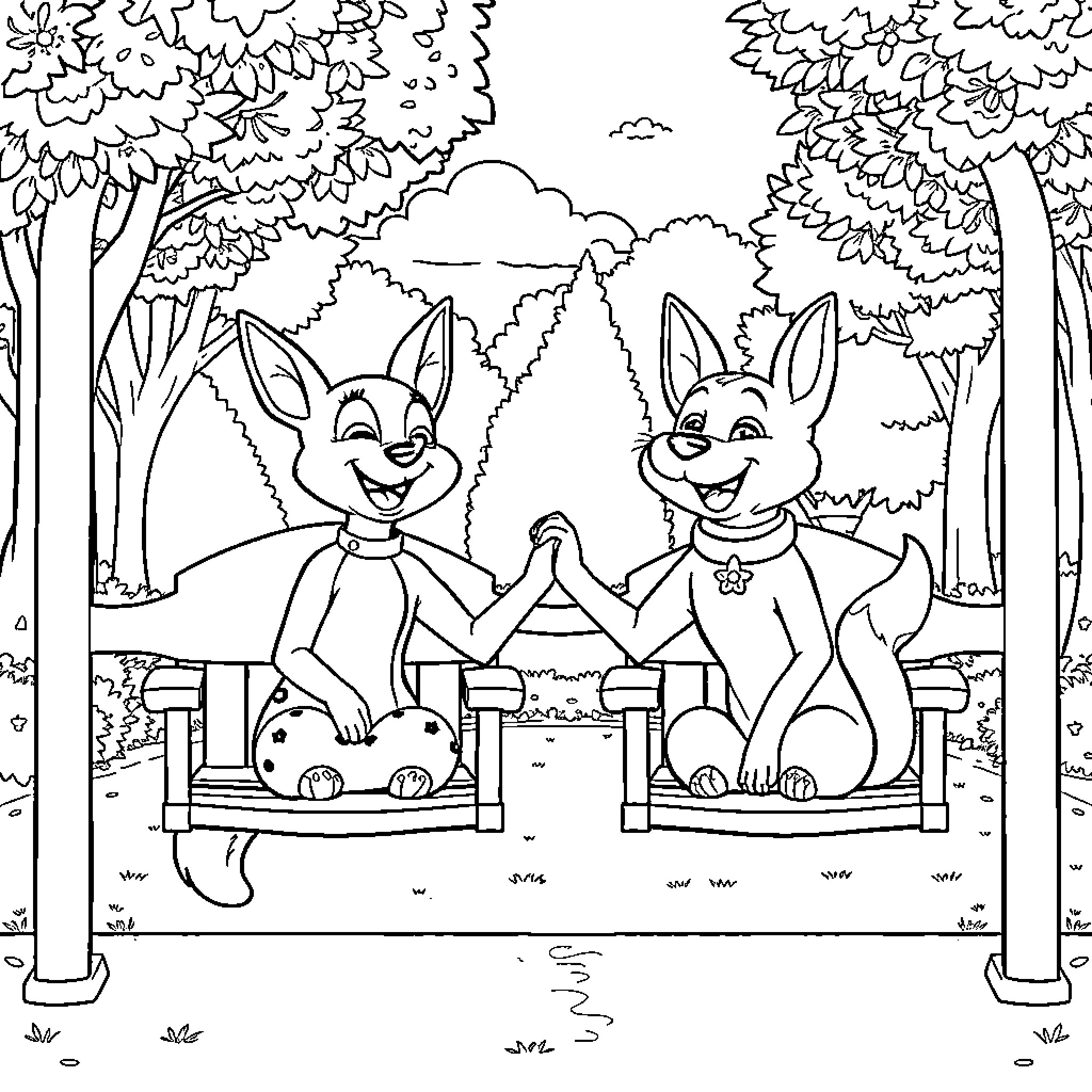 Titi Rabbits Happily Sitting on Bench in Forest Coloring Page (free black-and-white line drawing printable PDF for all, from beginners to advanced learners, including children, teens, adults, and seniors)