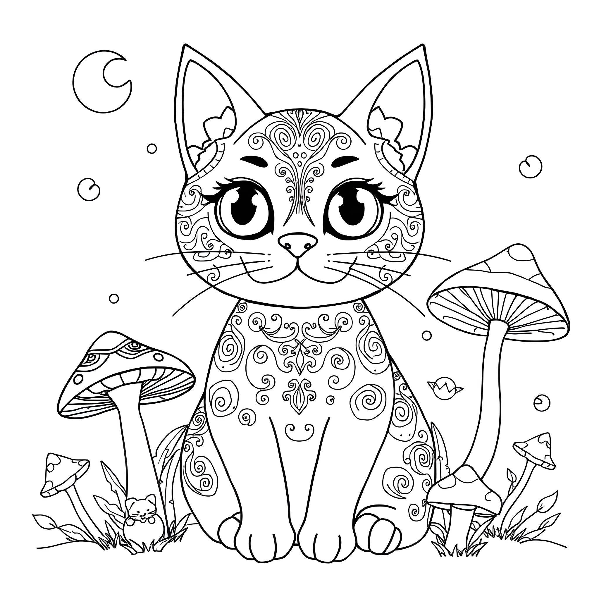 Cat with intricate pattern in enchanted forest Coloring Page (free black-and-white line drawing printable PDF for all, from beginners to advanced learners, including children, teens, adults, and seniors)
