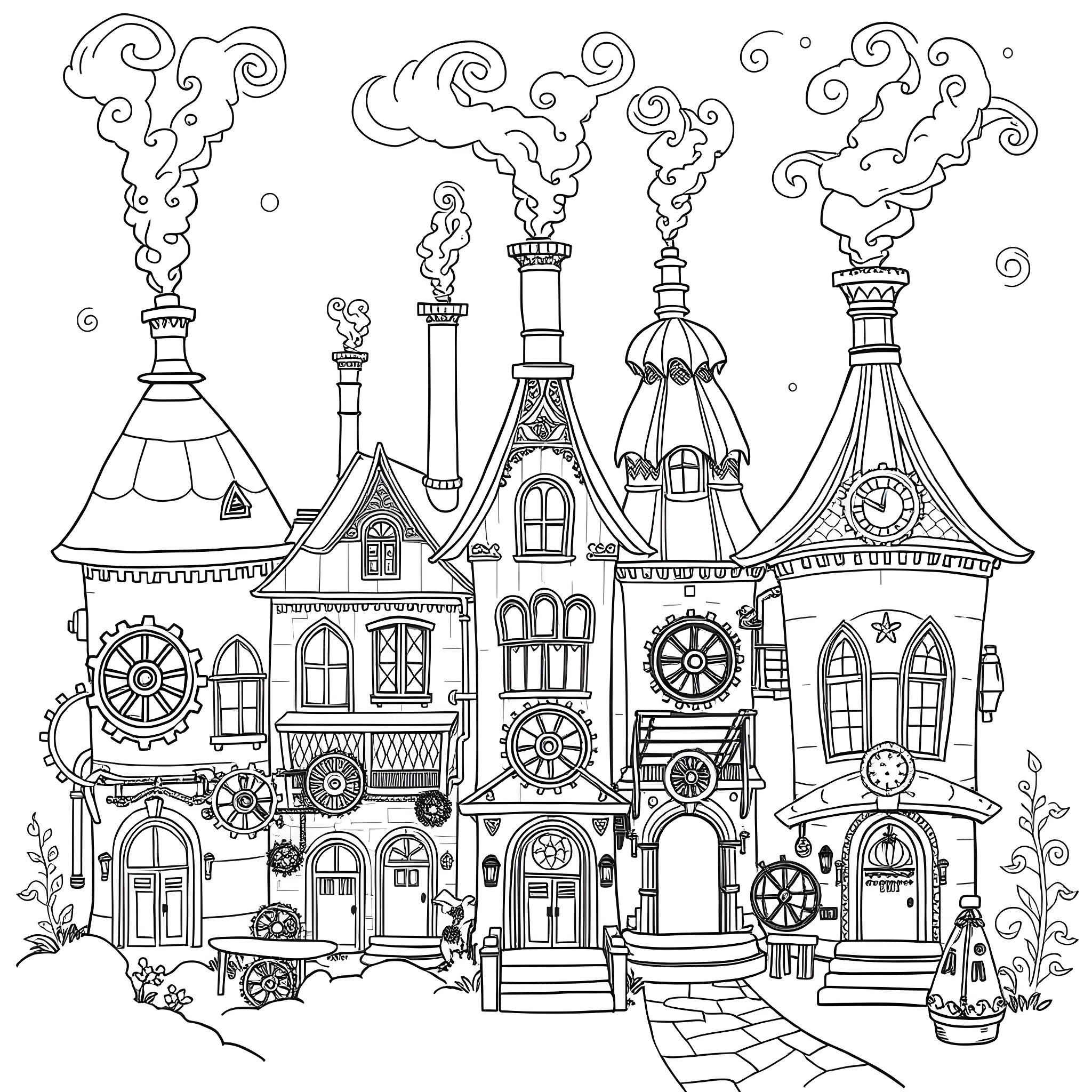 House with fantastical architectural features and billowing smoke Coloring Page (free black-and-white line drawing printable PDF for all, from beginners to advanced learners, including children, teens, adults, and seniors)