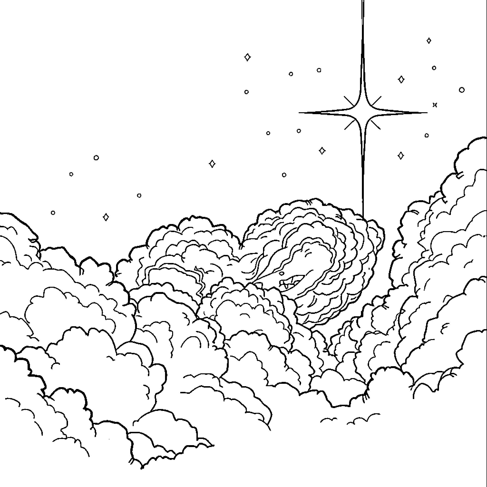 Cloud Formations Illuminated by Bright Star Coloring Page (free black-and-white line drawing printable PDF for all, from beginners to advanced learners, including children, teens, adults, and seniors)