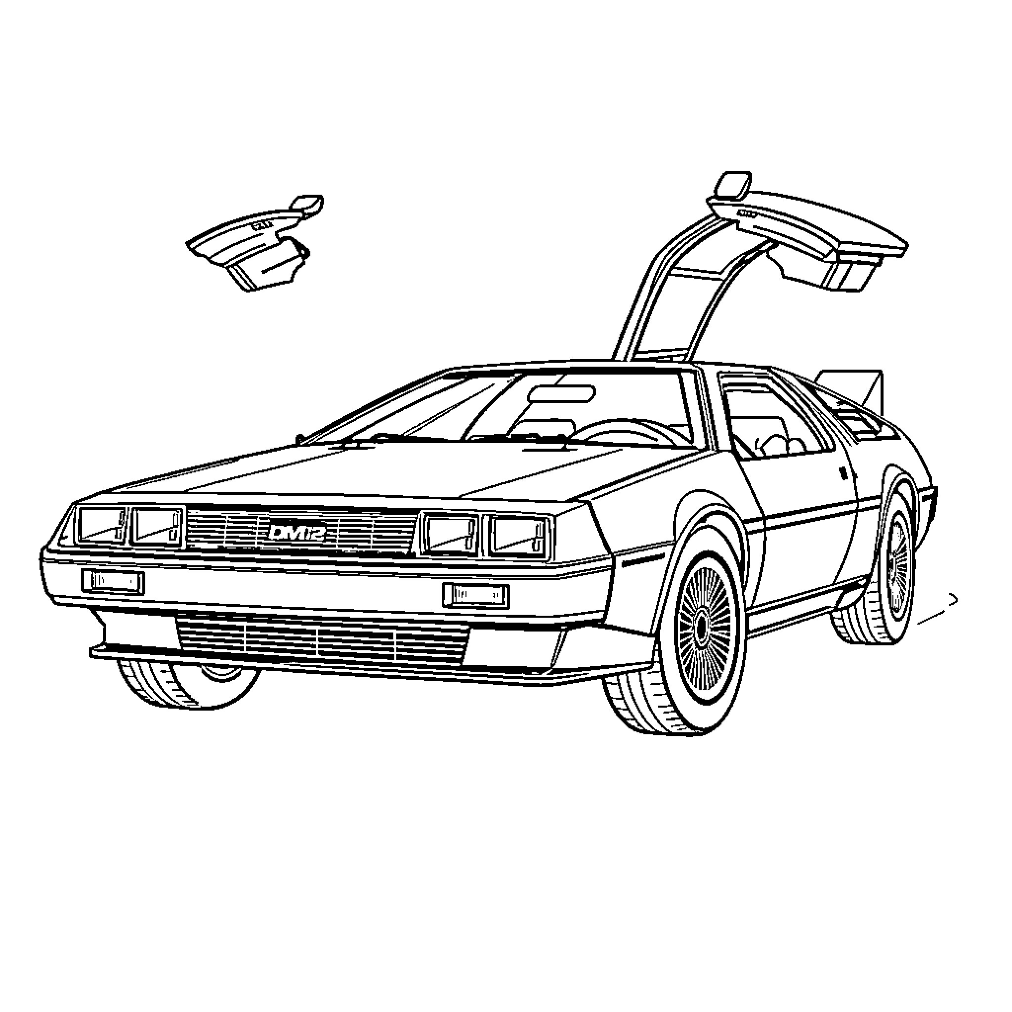 DeLorean with gull-wing doors and futuristic design Coloring Page (free black-and-white line drawing printable PDF for all, from beginners to advanced learners, including children, teens, adults, and seniors)