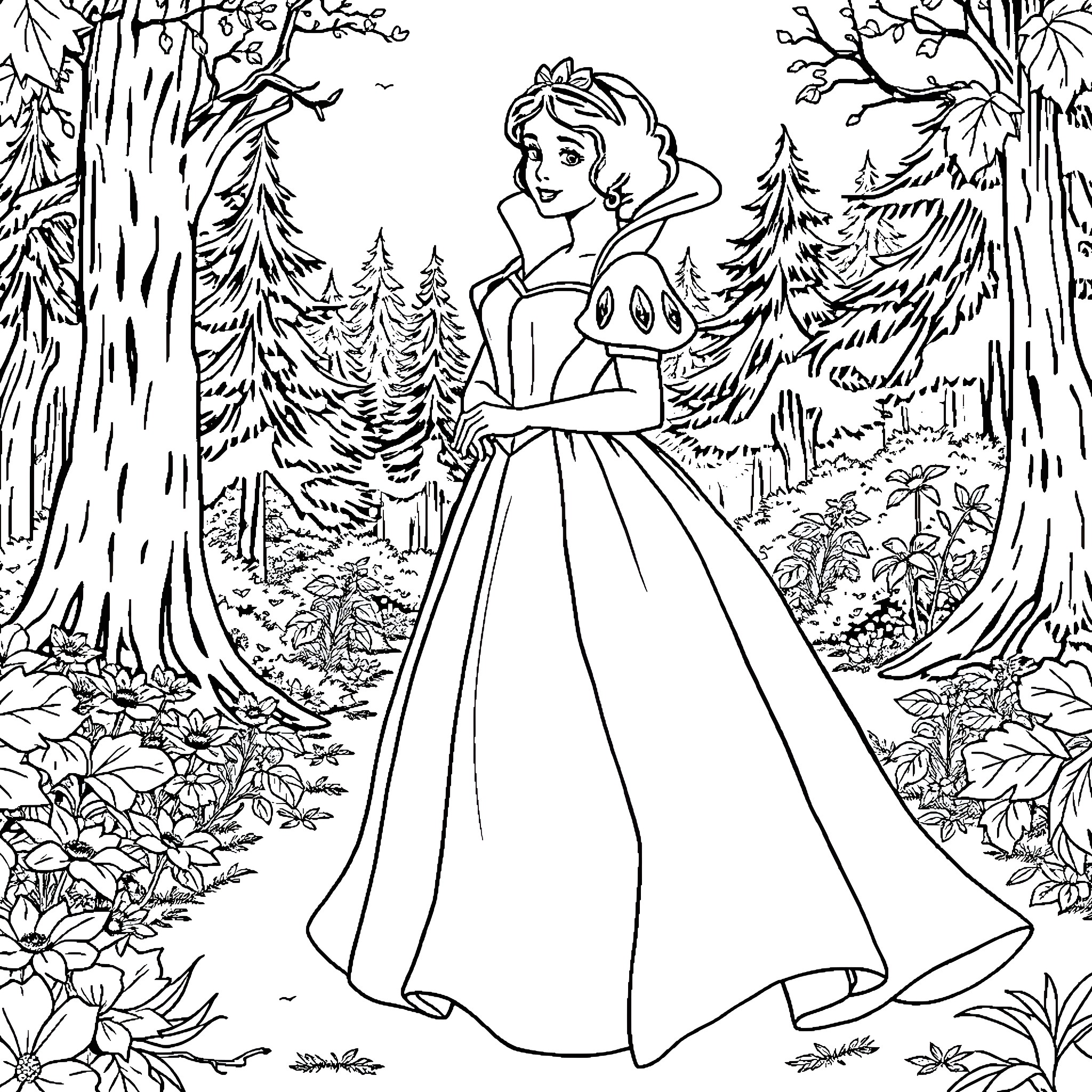 Snow White's Enchanted Forest Adventure Coloring Page (free black-and-white line drawing printable PDF for all, from beginners to advanced learners, including children, teens, adults, and seniors)
