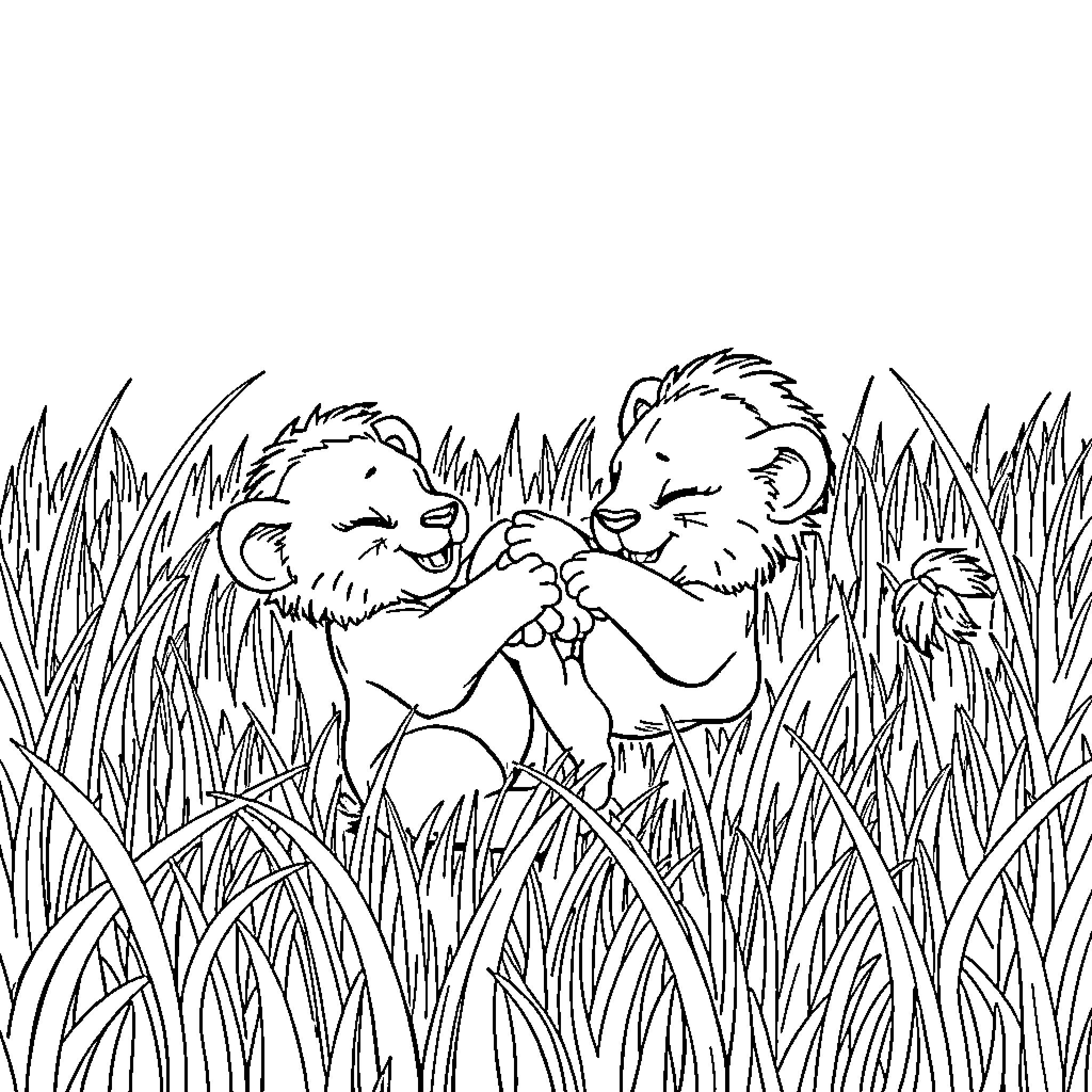 Lion cubs playing in tall grass Coloring Page (free black-and-white line drawing printable PDF for all, from beginners to advanced learners, including children, teens, adults, and seniors)