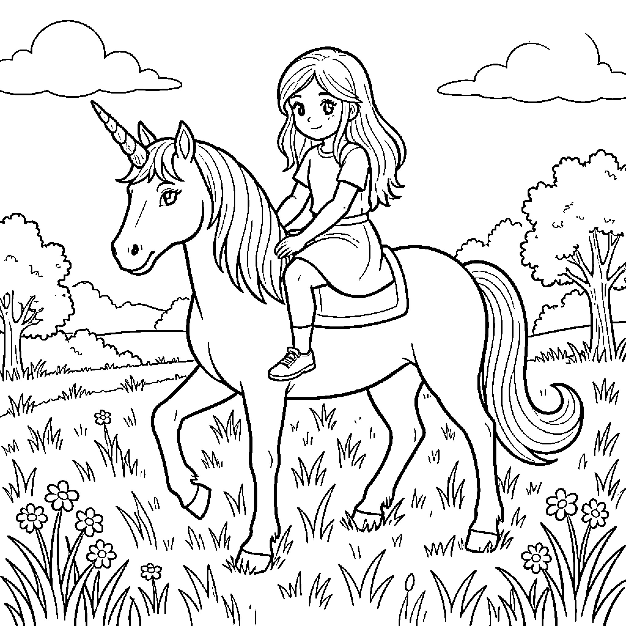 Unicorn being ridden by a happy girl in a meadow Coloring Page (free black-and-white line drawing printable PDF for all, from beginners to advanced learners, including children, teens, adults, and seniors)