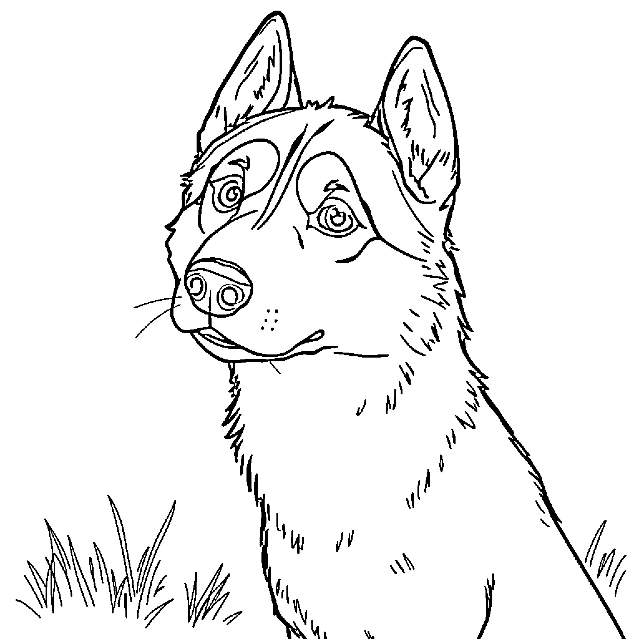 Husky dog in grassy field Coloring Page (free black-and-white line drawing printable PDF for all, from beginners to advanced learners, including children, teens, adults, and seniors)