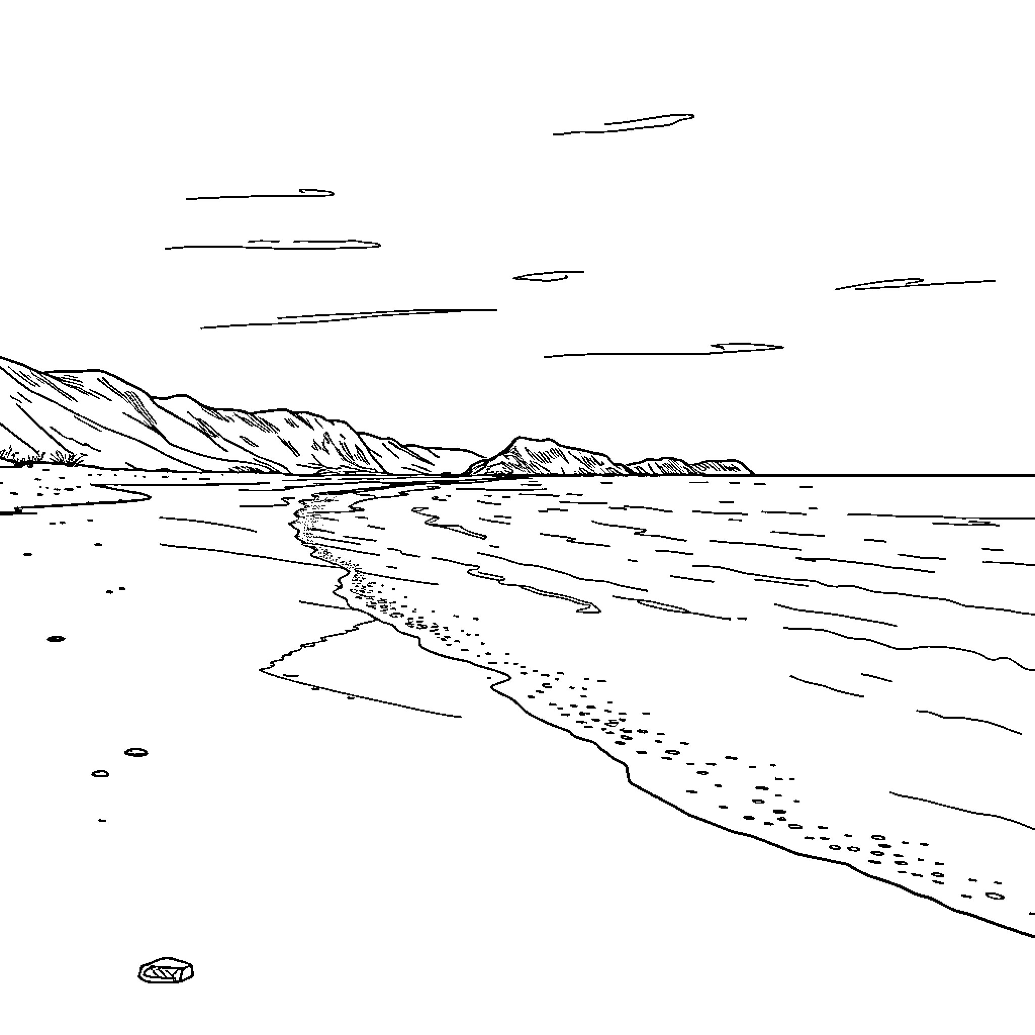 Ramsey's Serene Coastal Landscape Coloring Page (free black-and-white line drawing printable PDF for all, from beginners to advanced learners, including children, teens, adults, and seniors)