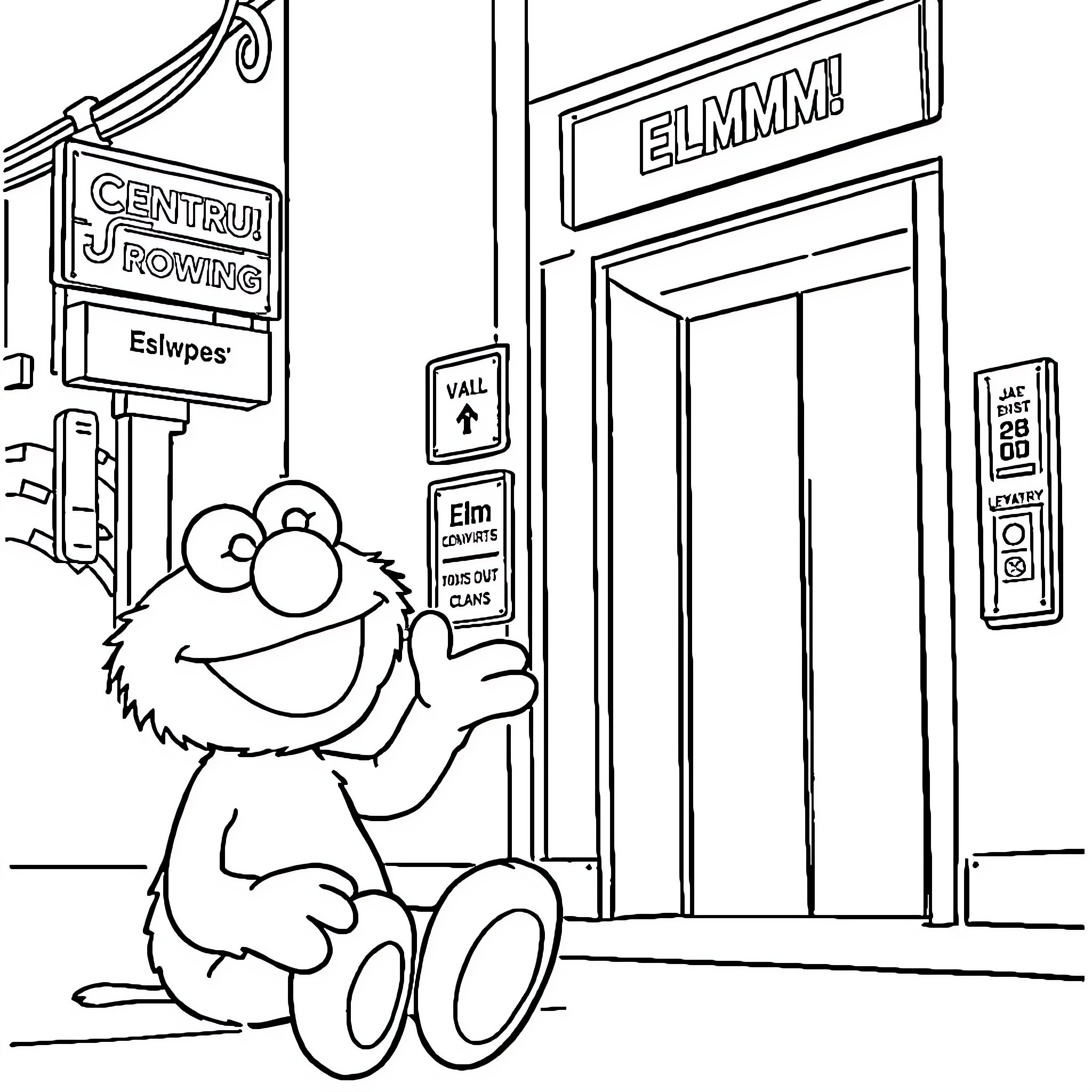 Elmo explores the city street Coloring Page (free black-and-white line drawing printable PDF for all, from beginners to advanced learners, including children, teens, adults, and seniors)