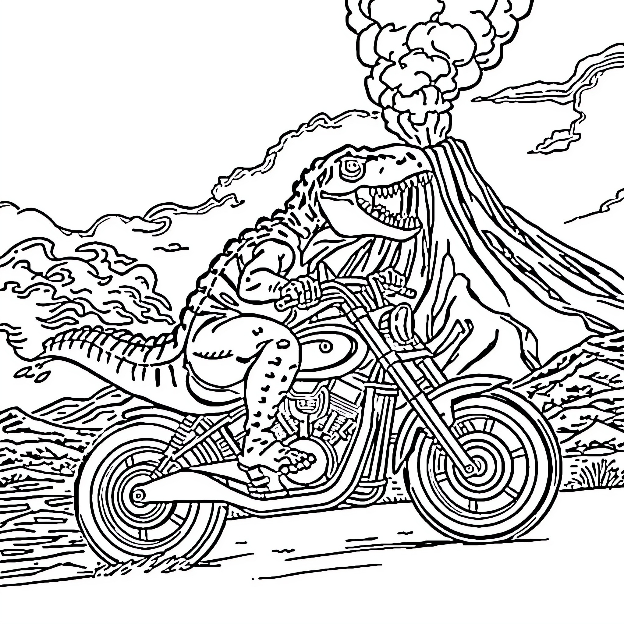 T-Rex riding a motorcycle through a volcanic landscape Coloring Page (free black-and-white line drawing printable PDF for all, from beginners to advanced learners, including children, teens, adults, and seniors)