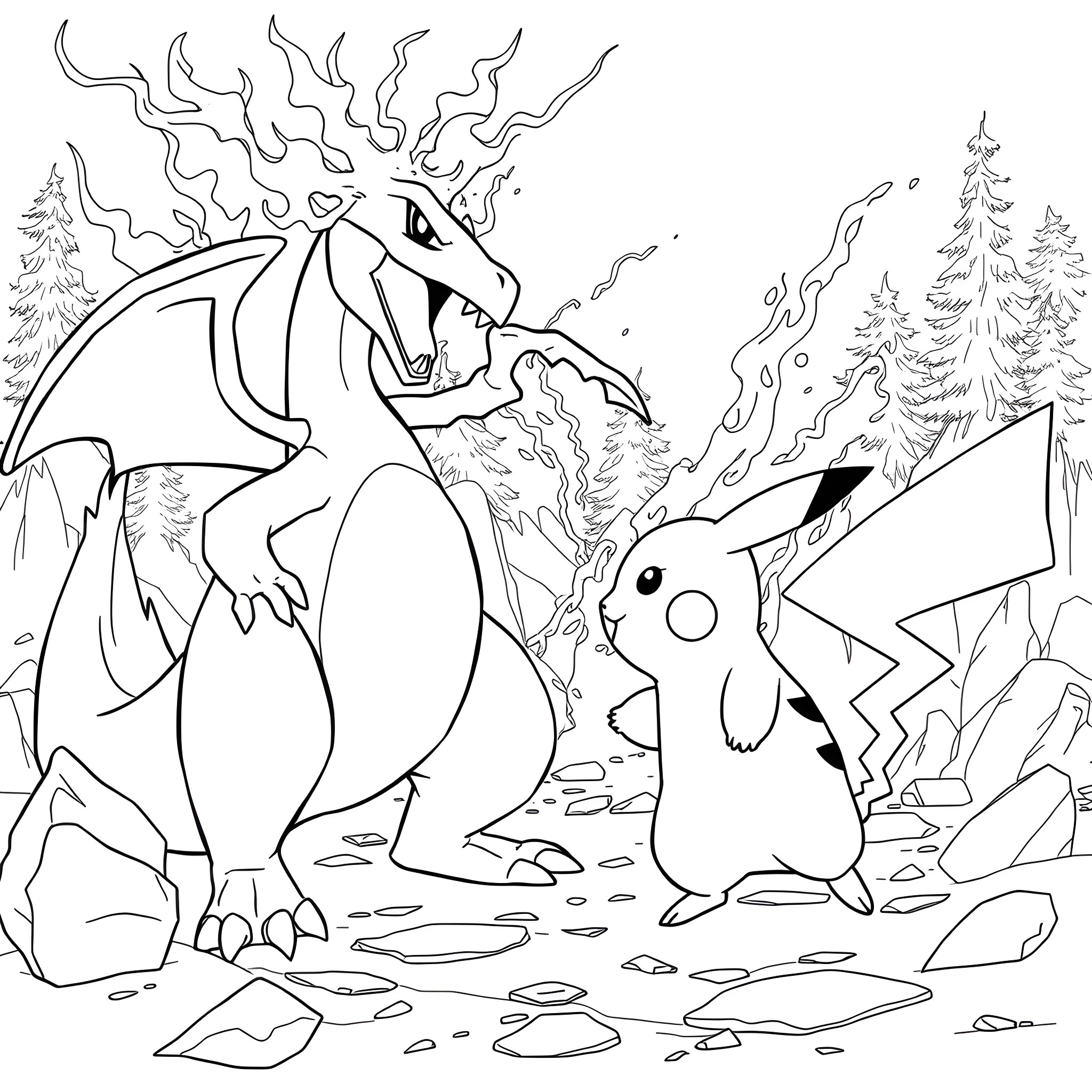 Charizard and Pikachu facing off in the wilderness Coloring Page (free black-and-white line drawing printable PDF for all, from beginners to advanced learners, including children, teens, adults, and seniors)