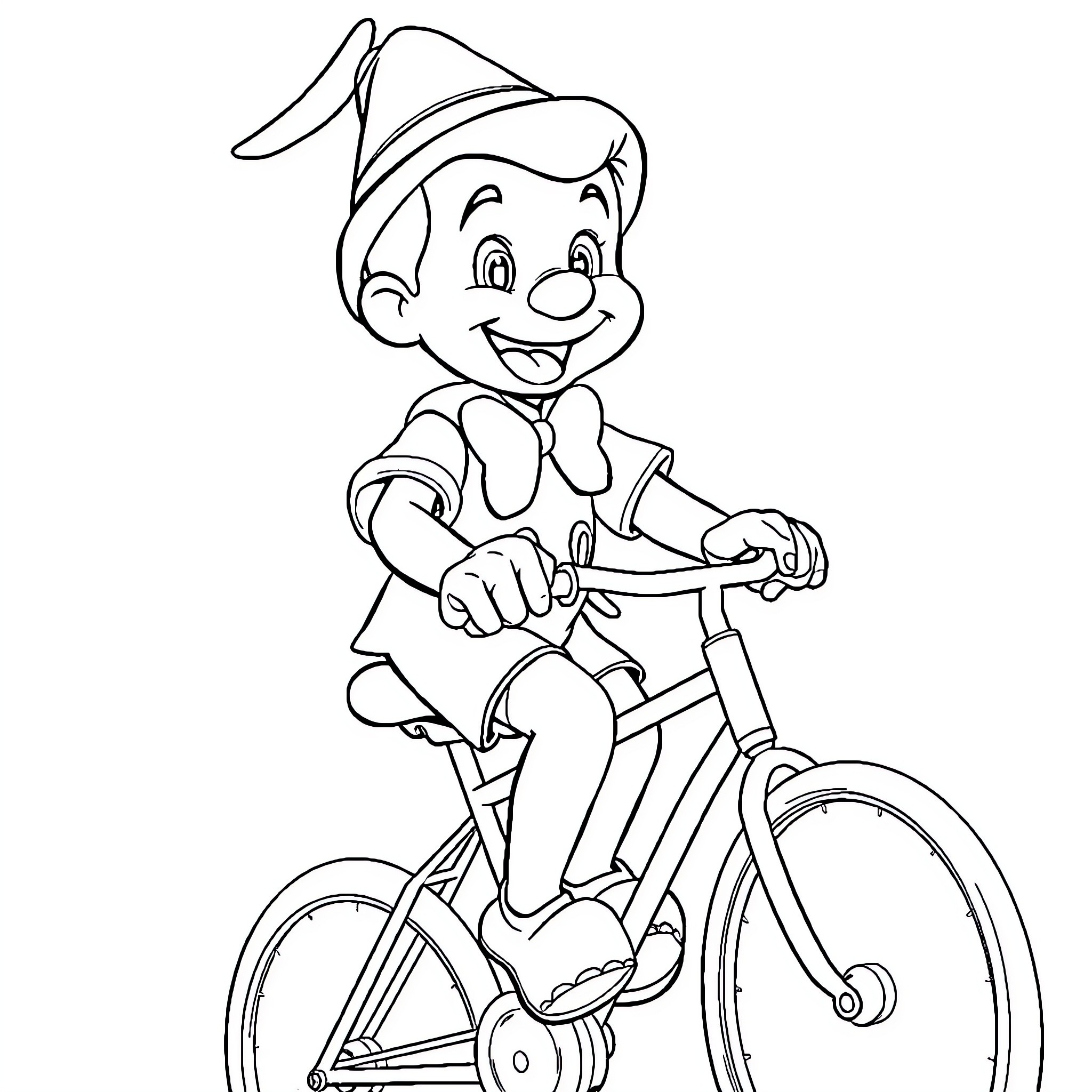 Pinocchio riding a bicycle happily Coloring Page (free black-and-white line drawing printable PDF for all, from beginners to advanced learners, including children, teens, adults, and seniors)