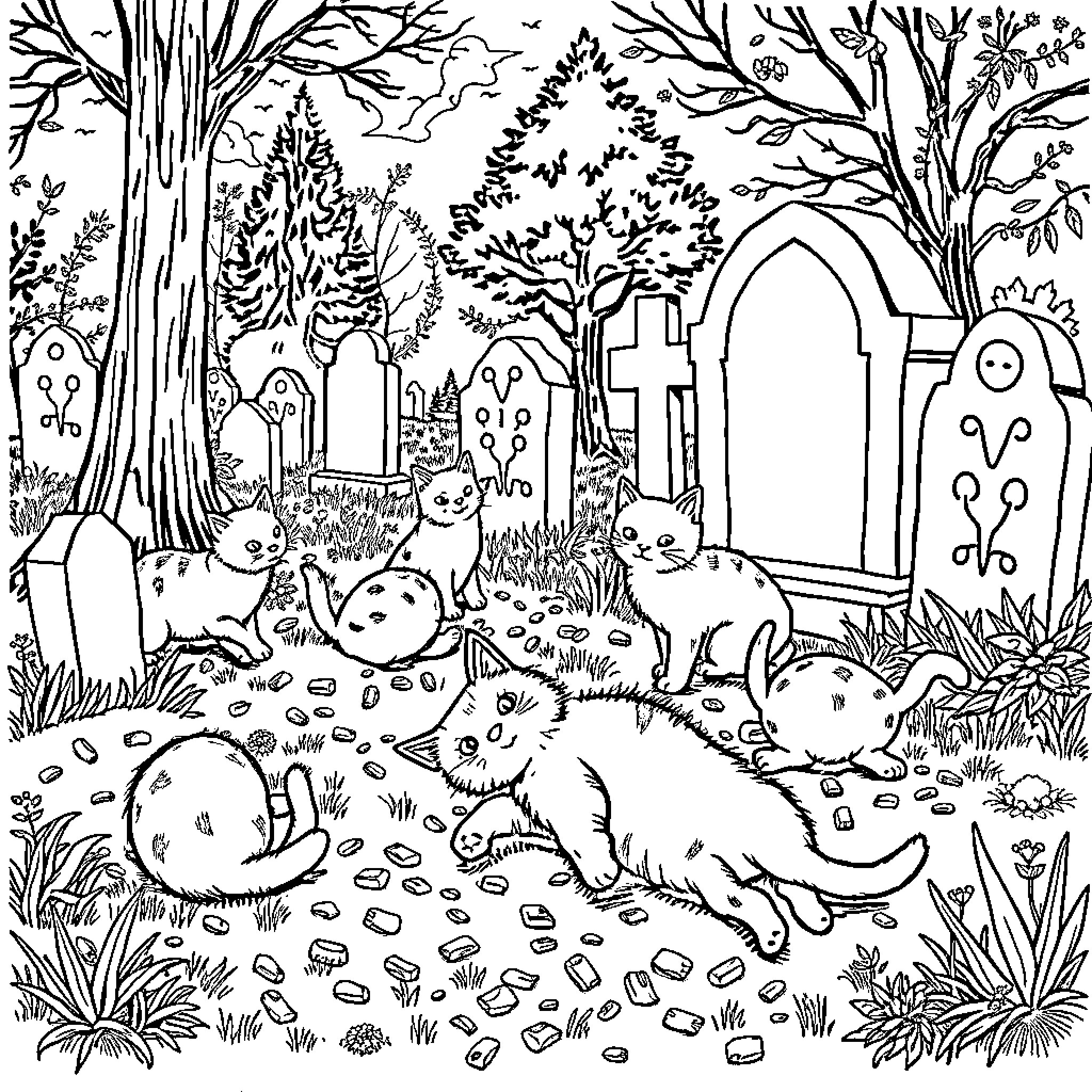 Cat Exploring the Spooky Graveyard Coloring Page (free black-and-white line drawing printable PDF for all, from beginners to advanced learners, including children, teens, adults, and seniors)