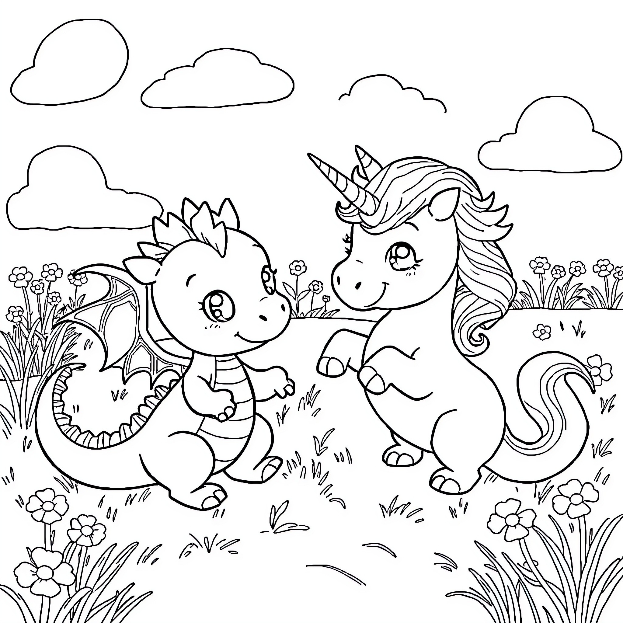 Baby Mythical Creatures playing in a meadow Coloring Page (free black-and-white line drawing printable PDF for all, from beginners to advanced learners, including children, teens, adults, and seniors)
