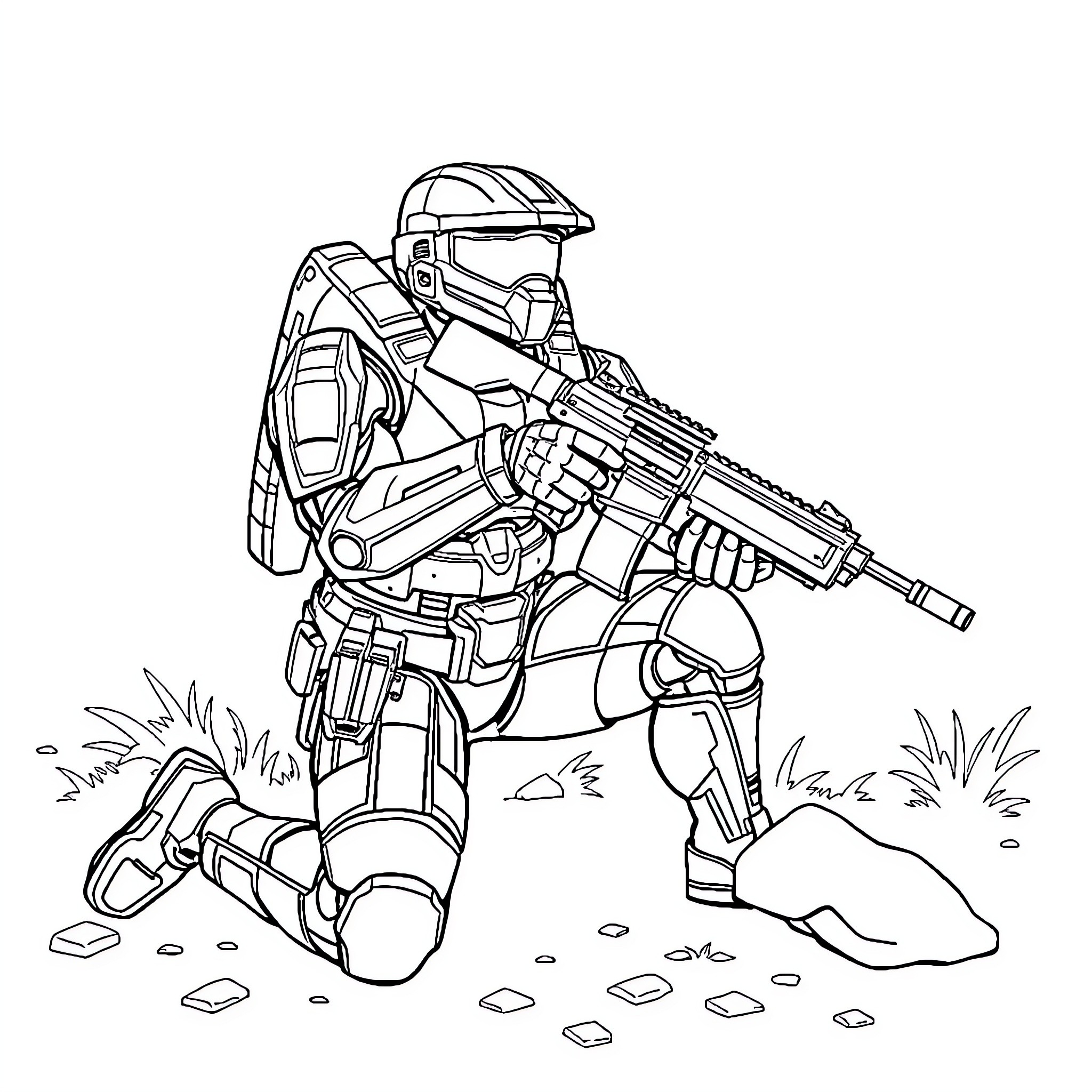 Master Chief in Combat Gear on the Battlefield Coloring Page (free black-and-white line drawing printable PDF for all, from beginners to advanced learners, including children, teens, adults, and seniors)