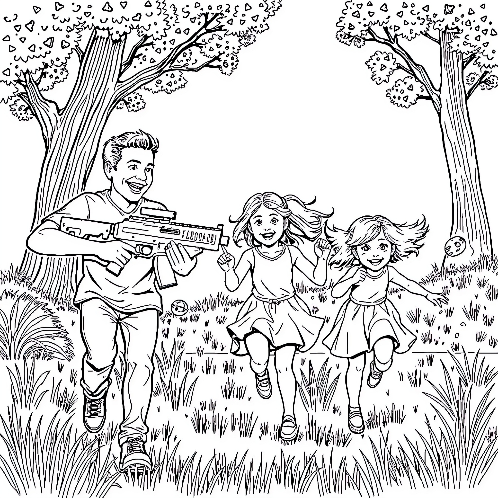 Nerf Gun battle in the park with friends Coloring Page (free black-and-white line drawing printable PDF for all, from beginners to advanced learners, including children, teens, adults, and seniors)
