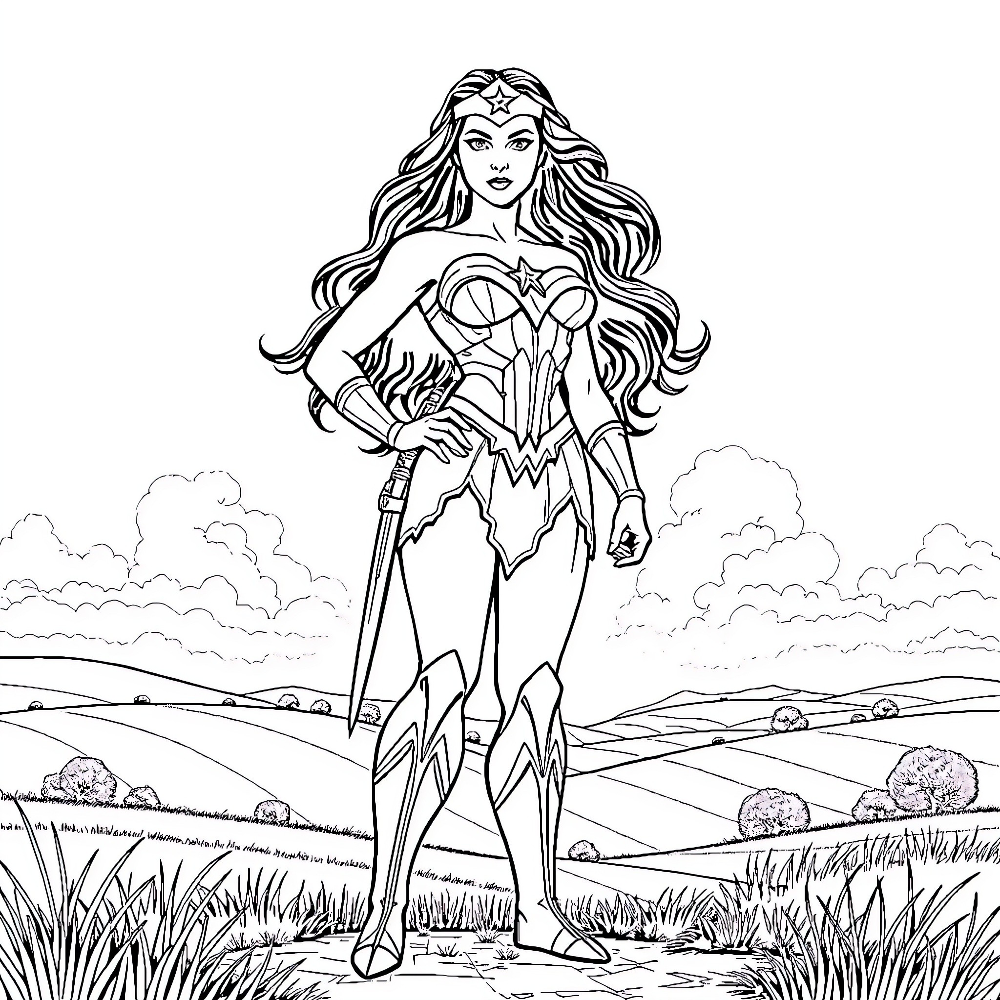 Wonder Woman in powerful superhero pose on scenic landscape Coloring Page (free black-and-white line drawing printable PDF for all, from beginners to advanced learners, including children, teens, adults, and seniors)