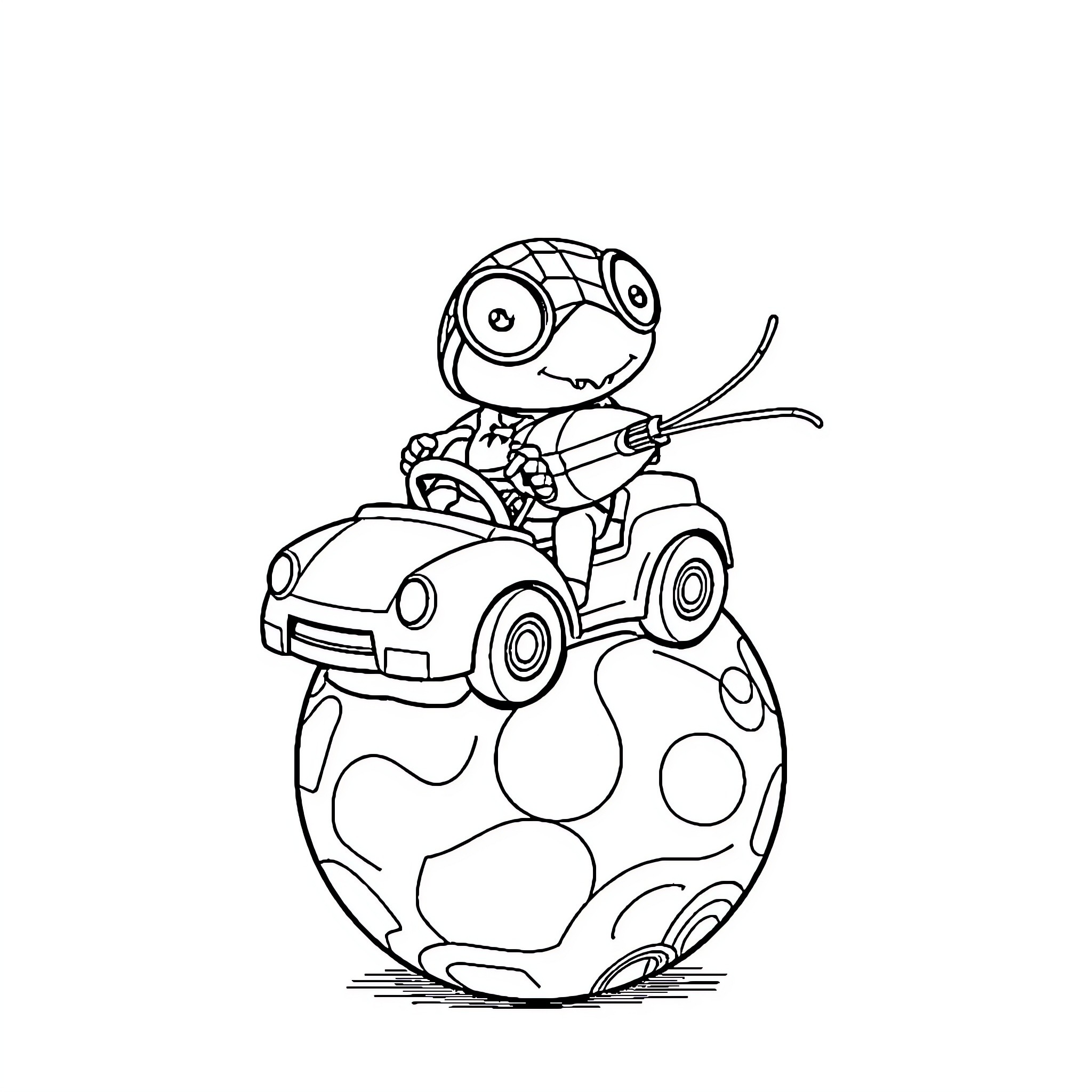 Spider-themed character driving car on planet Coloring Page (free black-and-white line drawing printable PDF for all, from beginners to advanced learners, including children, teens, adults, and seniors)