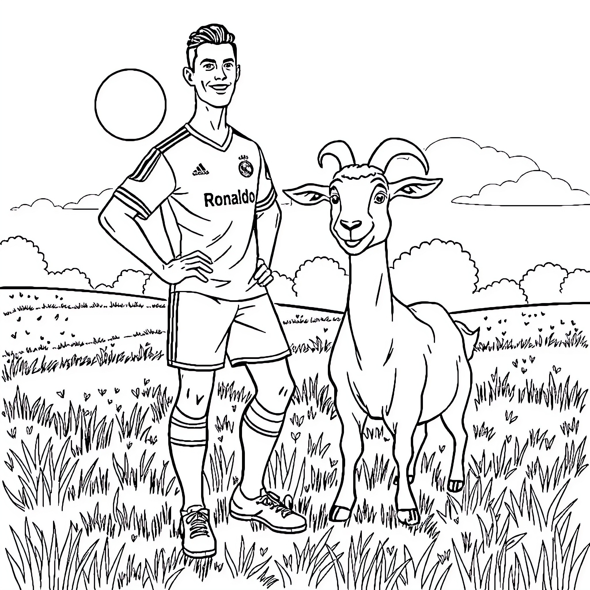 Ronaldo posing with a goat in a scenic field Coloring Page (free black-and-white line drawing printable PDF for all, from beginners to advanced learners, including children, teens, adults, and seniors)