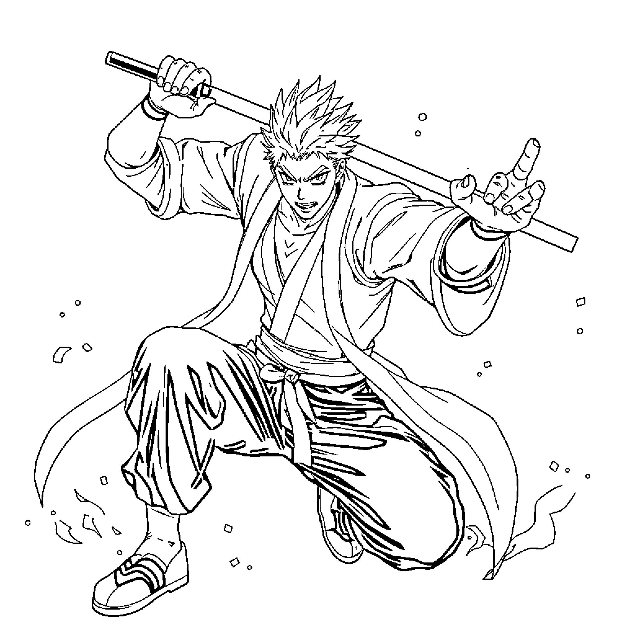 Gojo in Action: A Warrior's Stance Coloring Page (free black-and-white line drawing printable PDF for all, from beginners to advanced learners, including children, teens, adults, and seniors)
