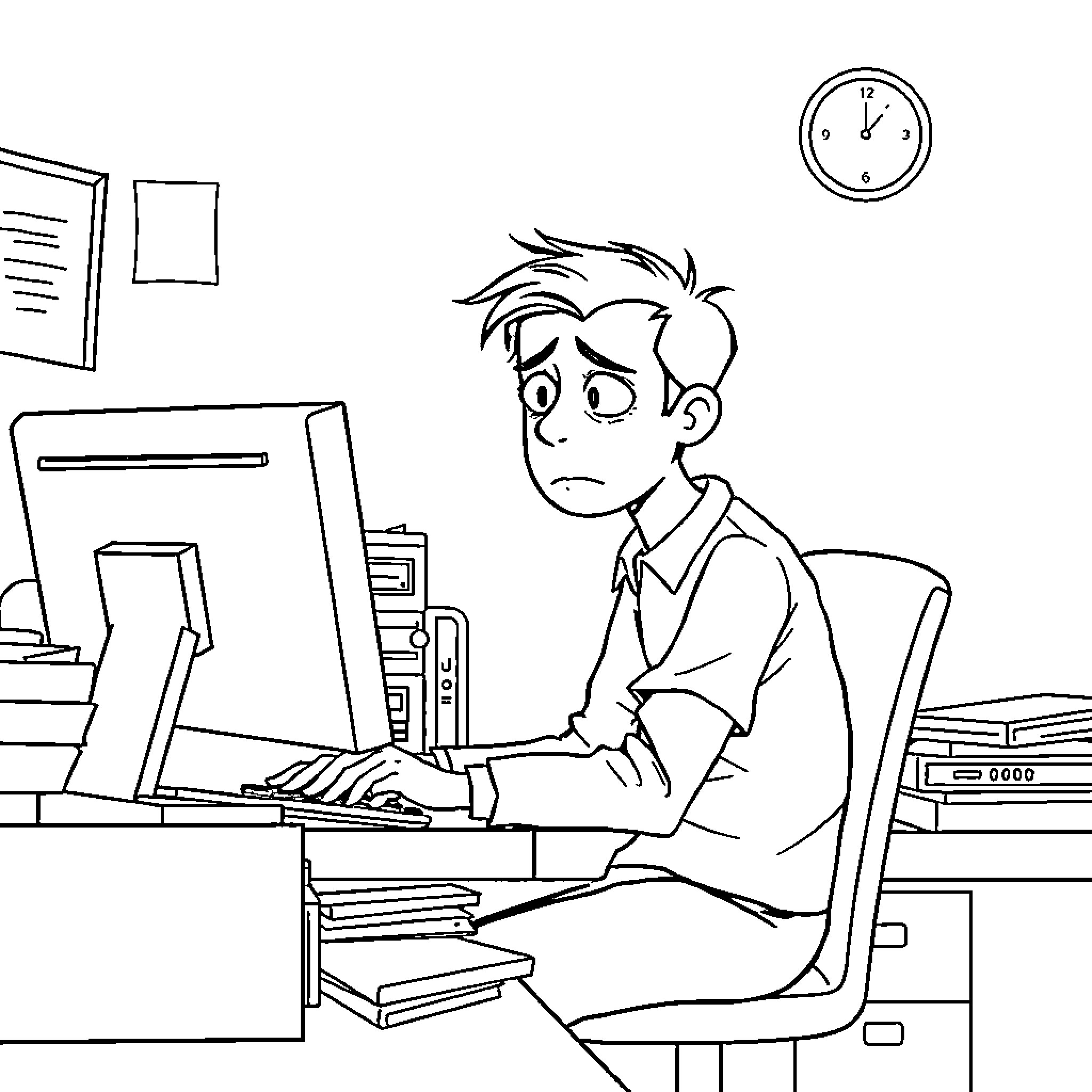 Person working diligently at computer desk Coloring Page (free black-and-white line drawing printable PDF for all, from beginners to advanced learners, including children, teens, adults, and seniors)