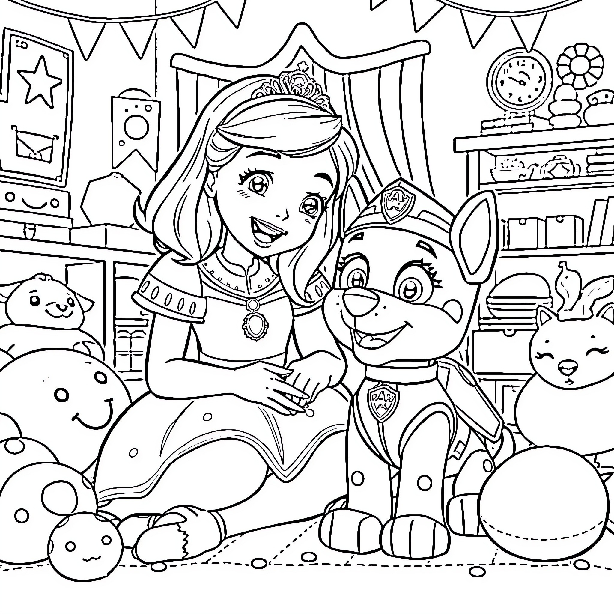 Arielle's Playful Princess Party Coloring Page (free black-and-white line drawing printable PDF for all, from beginners to advanced learners, including children, teens, adults, and seniors)