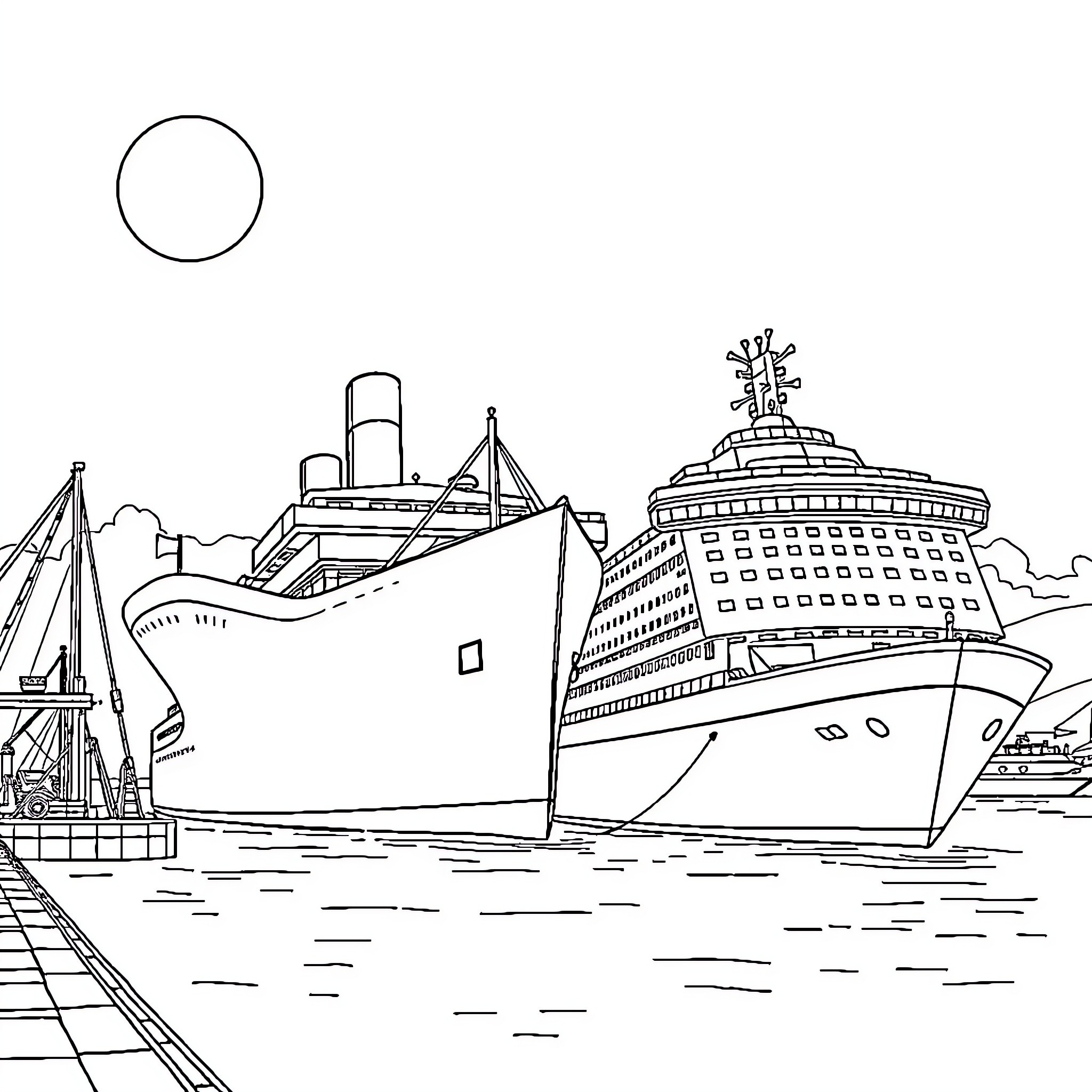 Titanic-style ships docked in the harbor Coloring Page (free black-and-white line drawing printable PDF for all, from beginners to advanced learners, including children, teens, adults, and seniors)