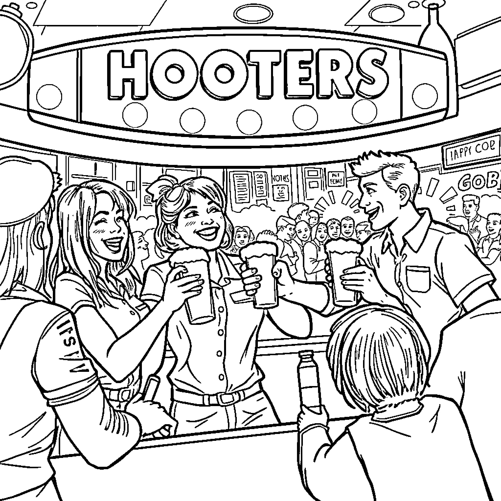 Hooters restaurant - people enjoying drinks and conversation Coloring Page (free black-and-white line drawing printable PDF for all, from beginners to advanced learners, including children, teens, adults, and seniors)