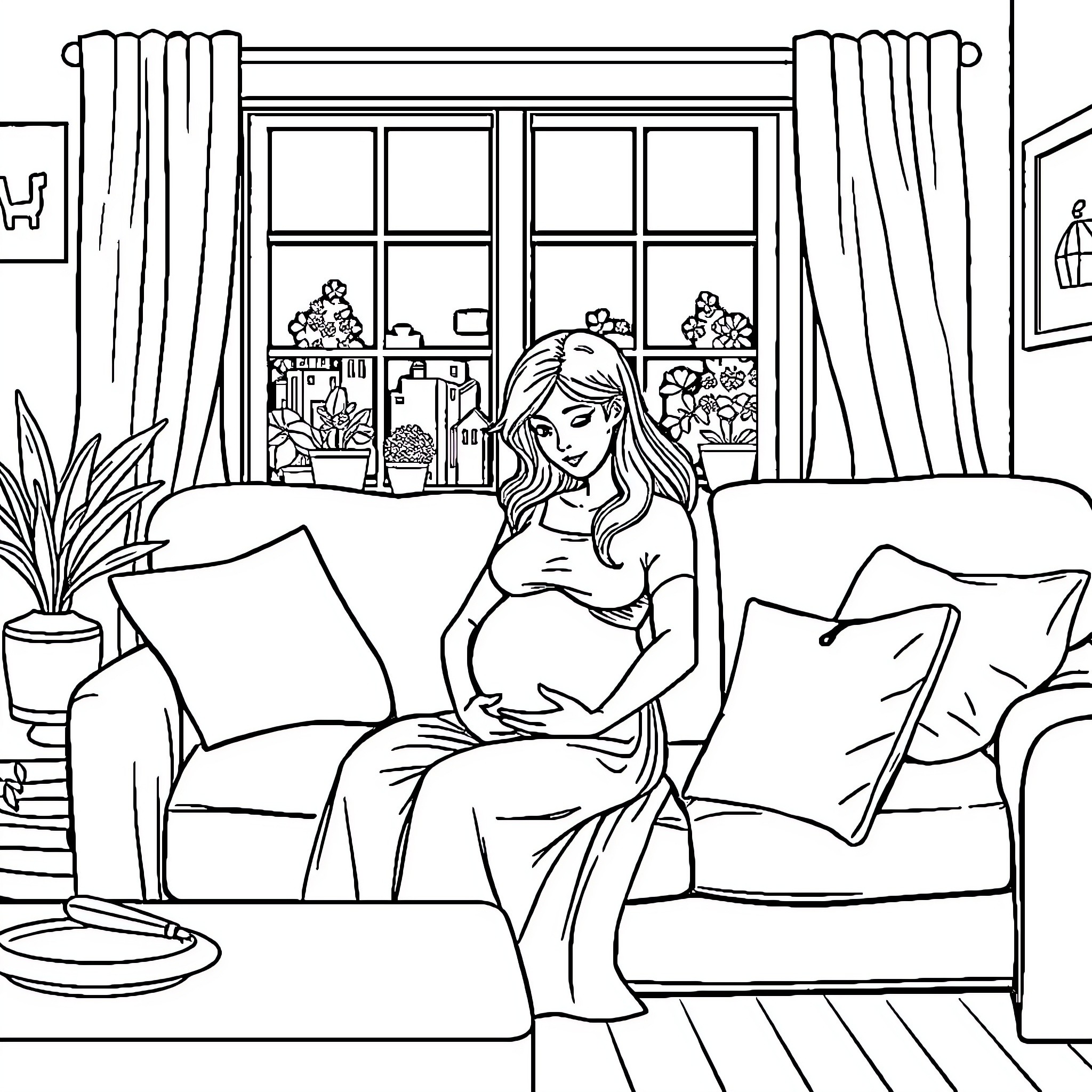 Pregnant Woman Relaxing at Home Coloring Page (free black-and-white line drawing printable PDF for all, from beginners to advanced learners, including children, teens, adults, and seniors)