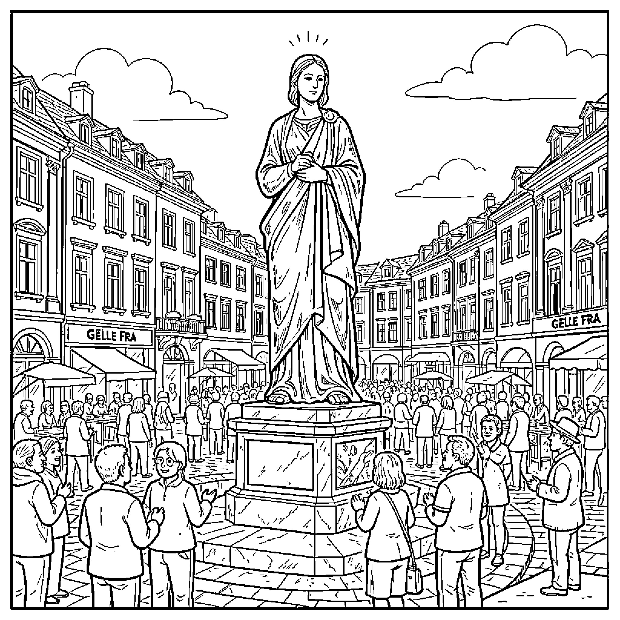 Gëlle Fra statue standing tall amidst a bustling crowd Coloring Page (free black-and-white line drawing printable PDF for all, from beginners to advanced learners, including children, teens, adults, and seniors)
