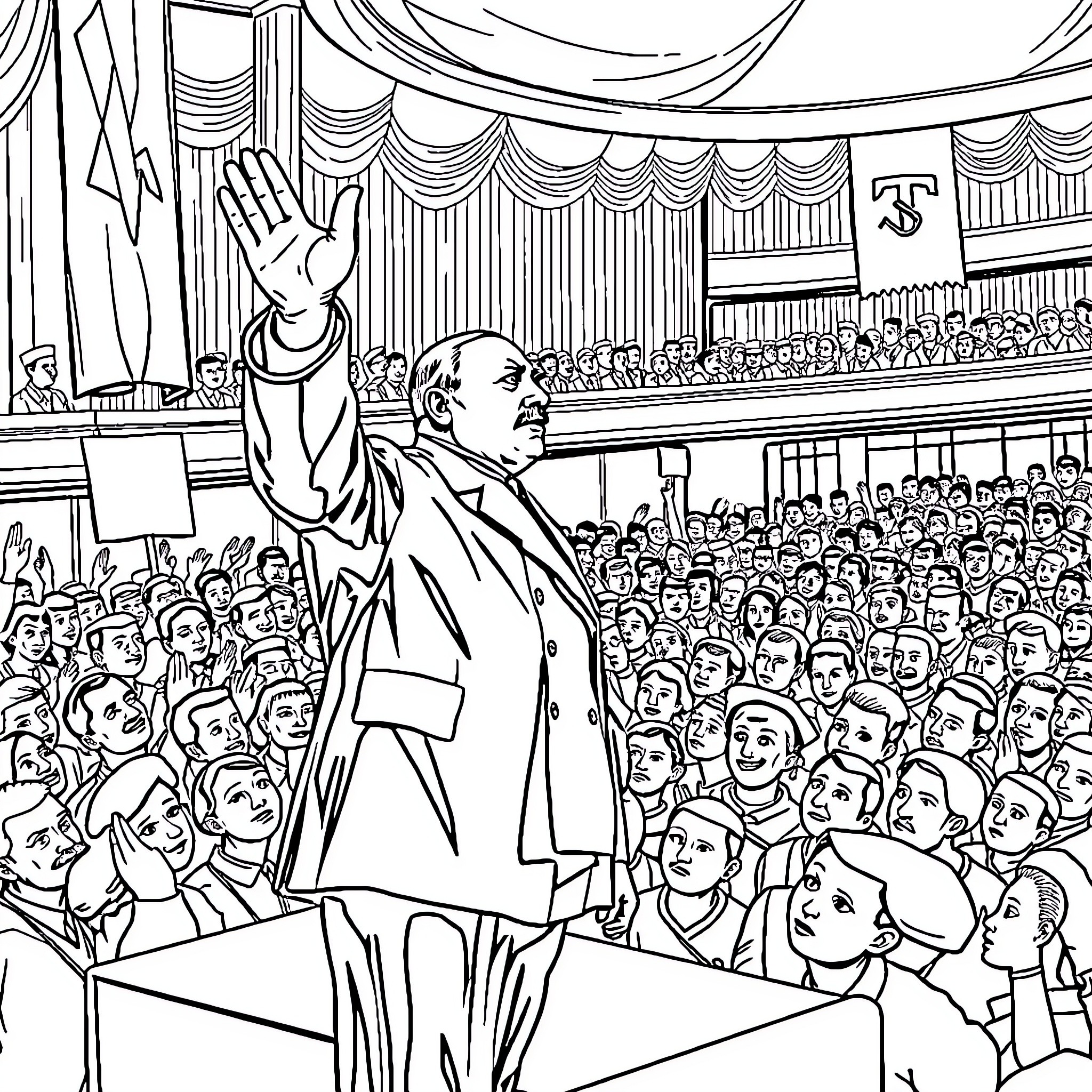 Adolf Hitler addressing a large crowd from a podium Coloring Page (free black-and-white line drawing printable PDF for all, from beginners to advanced learners, including children, teens, adults, and seniors)
