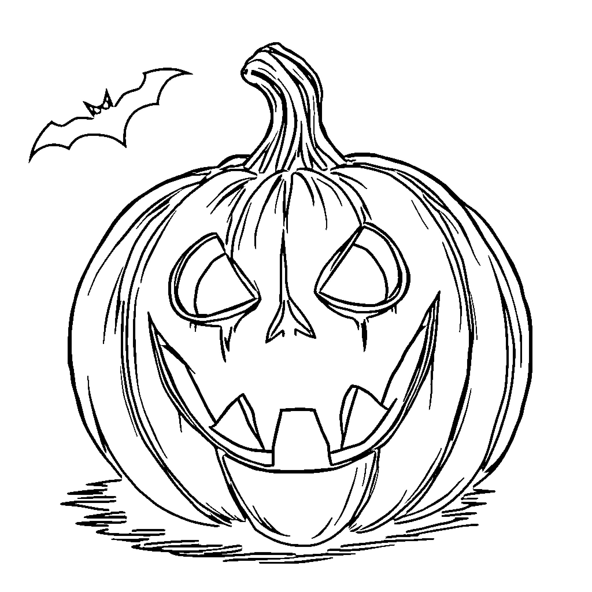 Pumpkin with spooky carved face and bat Coloring Page (free black-and-white line drawing printable PDF for all, from beginners to advanced learners, including children, teens, adults, and seniors)