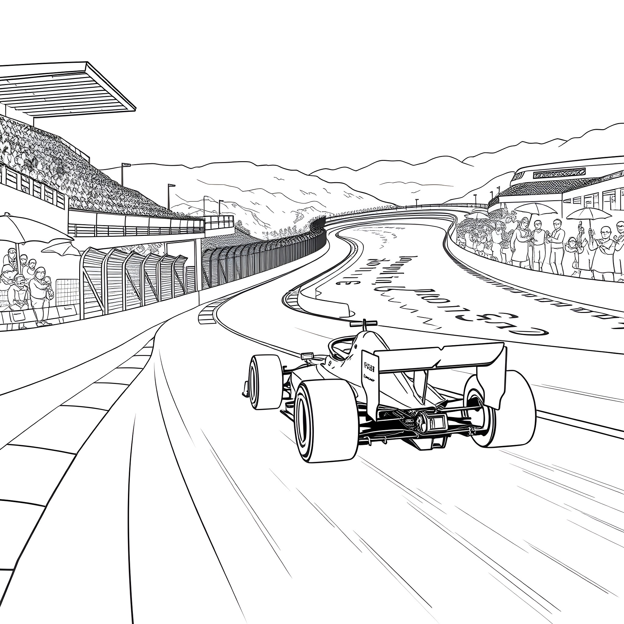 F1 Car Racing on Winding Track Coloring Page (free black-and-white line drawing printable PDF for all, from beginners to advanced learners, including children, teens, adults, and seniors)