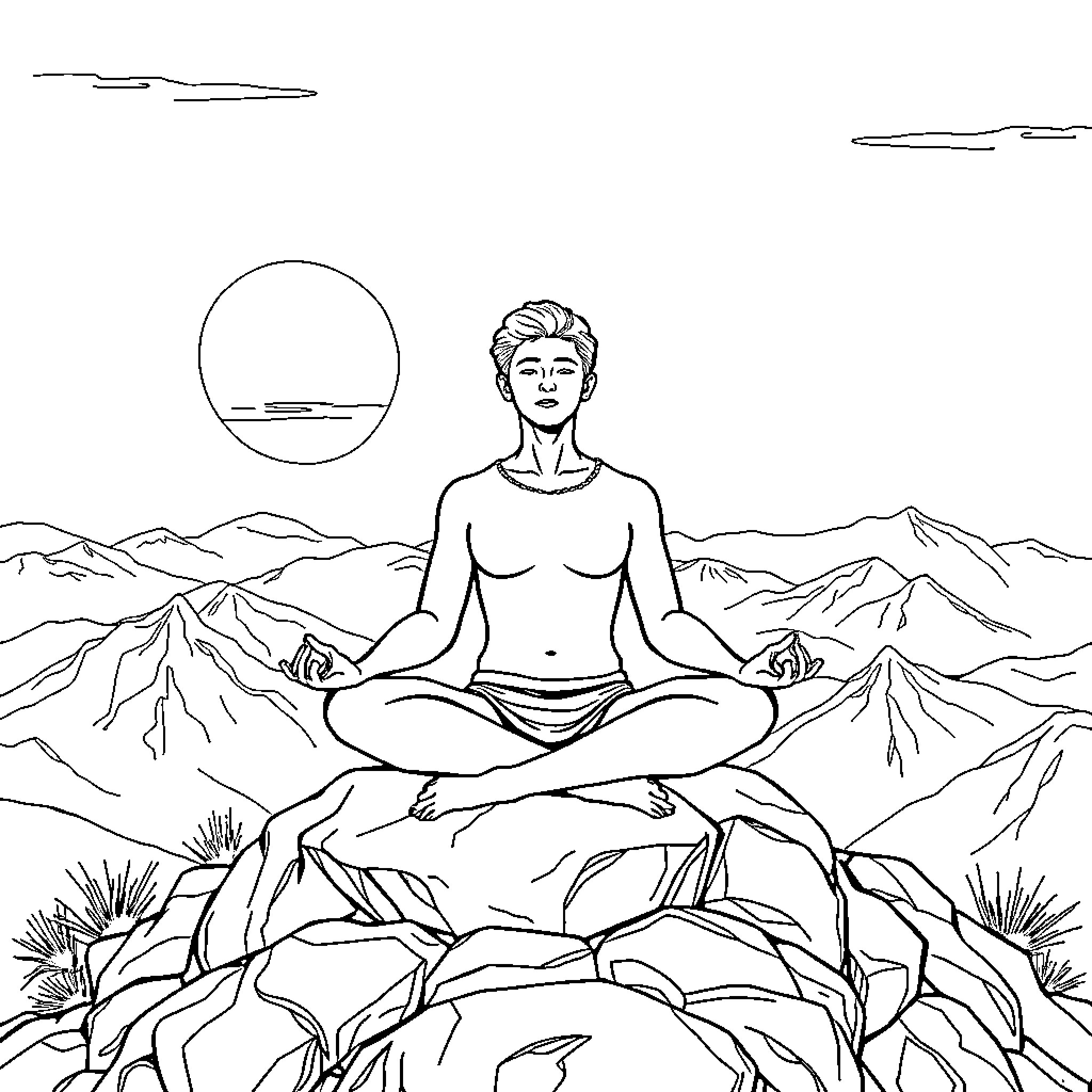 Person meditating peacefully in a mountainous landscape Coloring Page (free black-and-white line drawing printable PDF for all, from beginners to advanced learners, including children, teens, adults, and seniors)