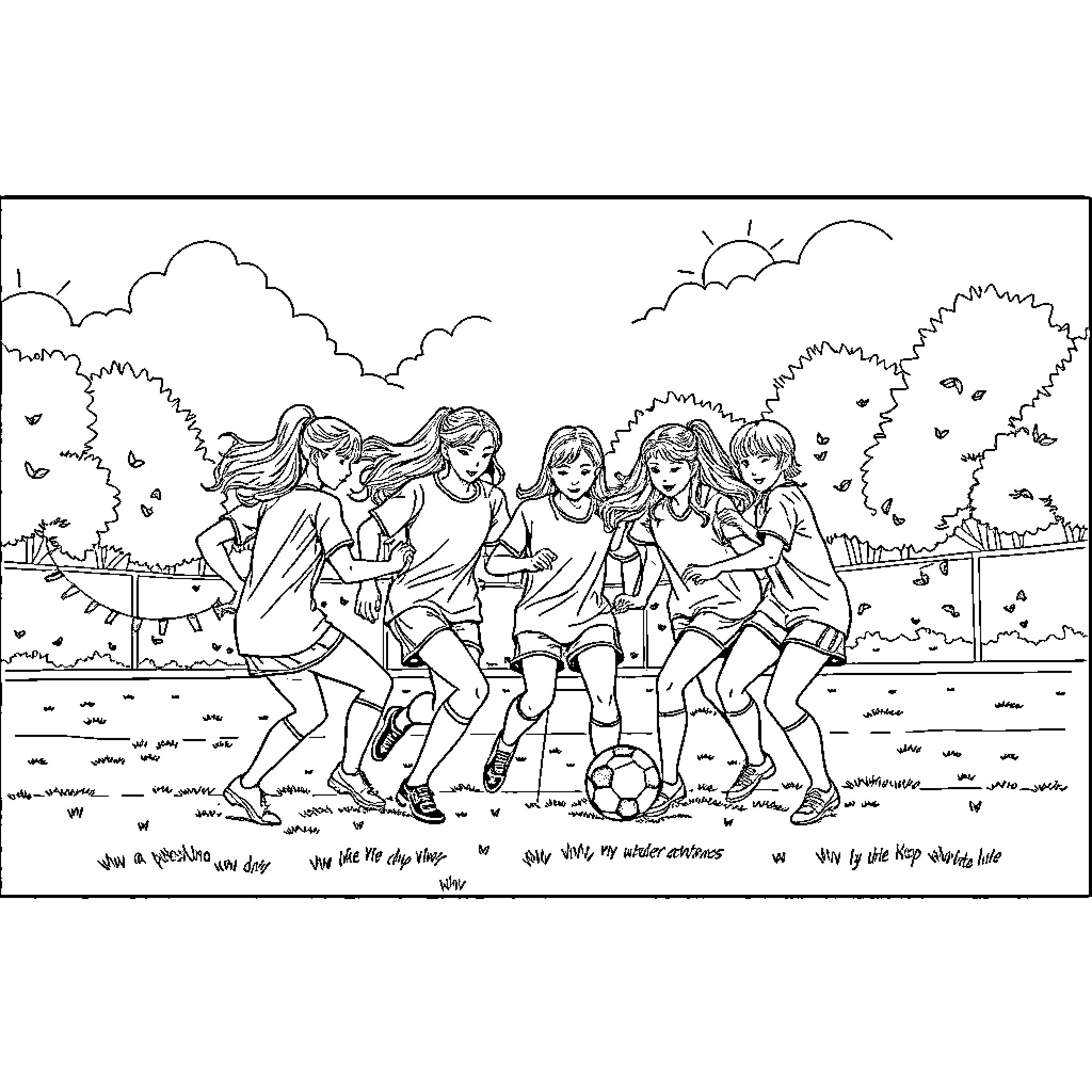 Kpop Girl Group Playing Soccer in the Park Coloring Page (free black-and-white line drawing printable PDF for all, from beginners to advanced learners, including children, teens, adults, and seniors)