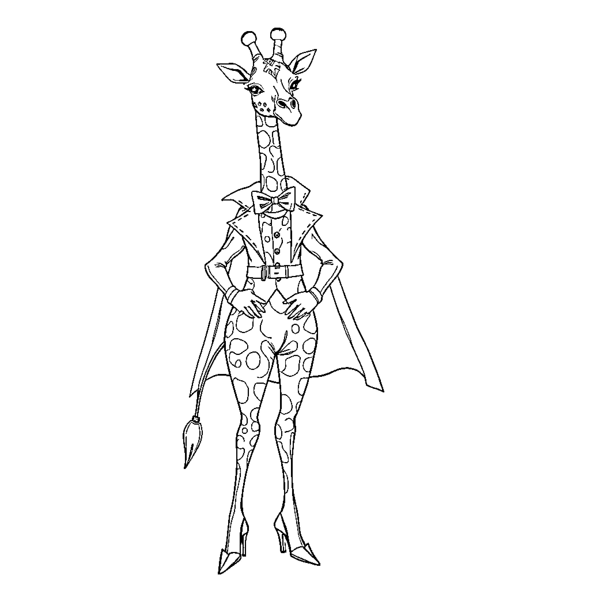 Giraffe in whimsical superhero costume Coloring Page (free black-and-white line drawing printable PDF for all, from beginners to advanced learners, including children, teens, adults, and seniors)