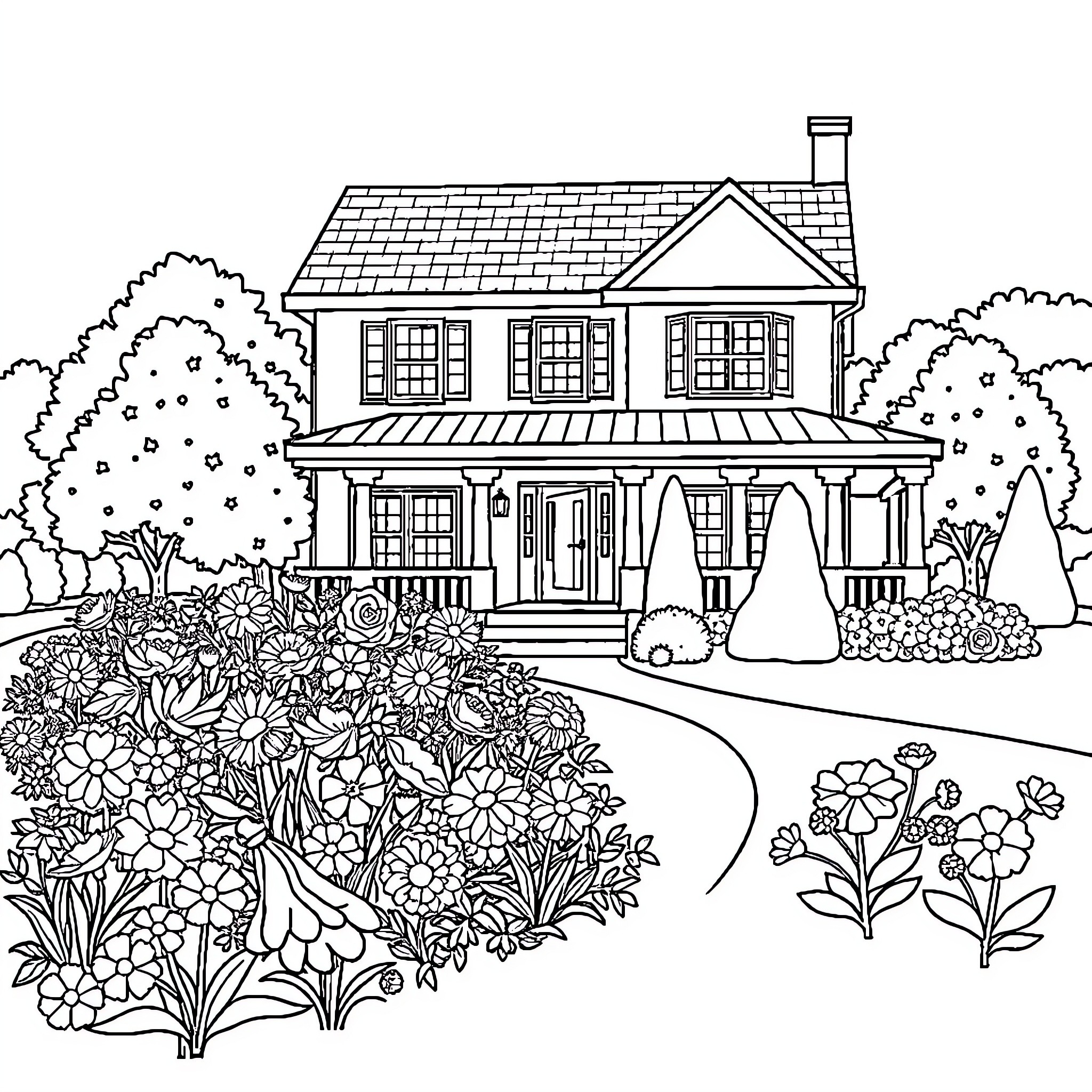 House with Detailed Floral Garden Coloring Page (free black-and-white line drawing printable PDF for all, from beginners to advanced learners, including children, teens, adults, and seniors)